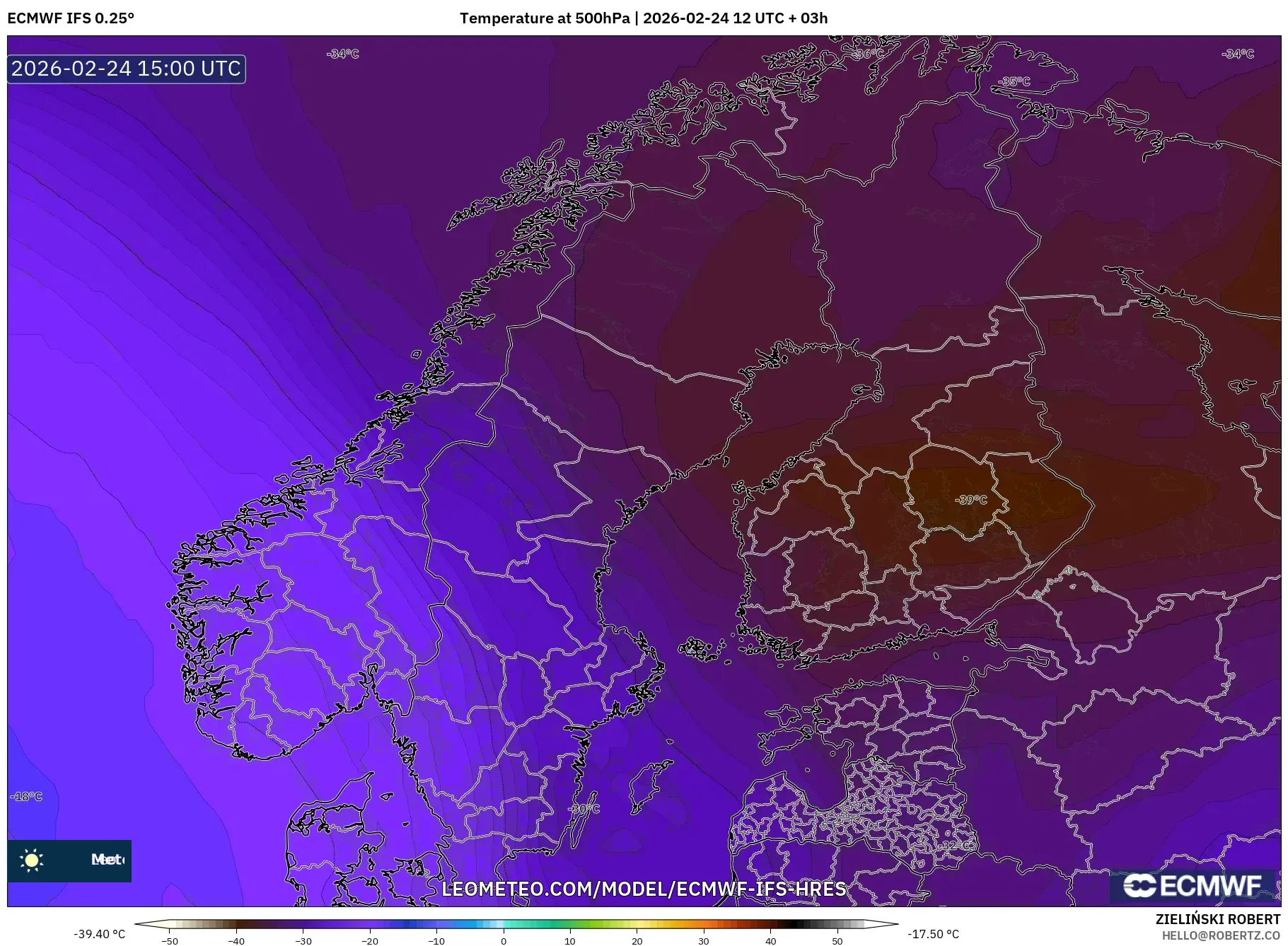 ECMWF IFS 0.25° model - Scandinavia, Temperature at 500hPa