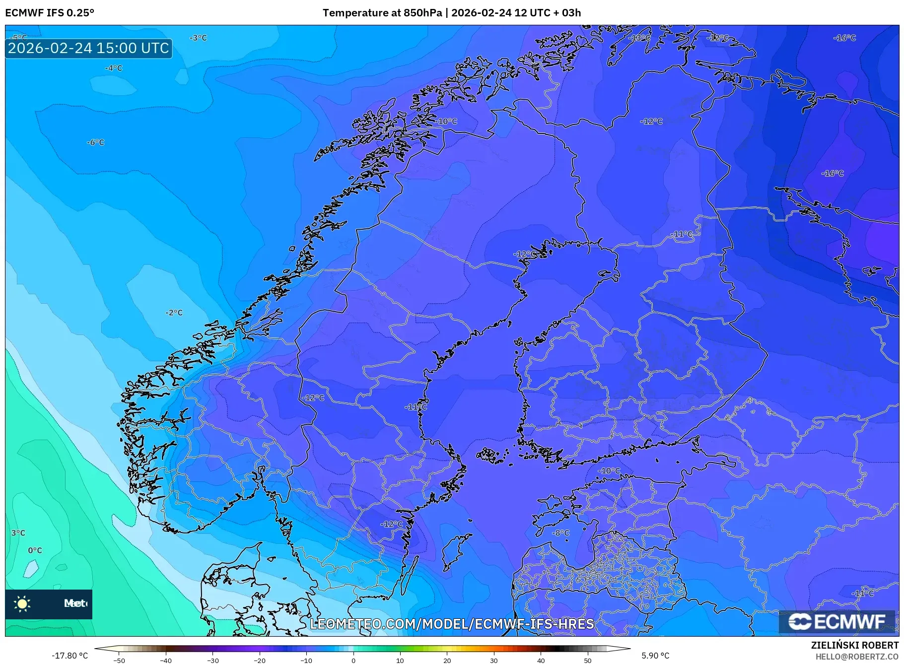 ECMWF IFS 0.25° model - Scandinavia, Temperature at 850hPa