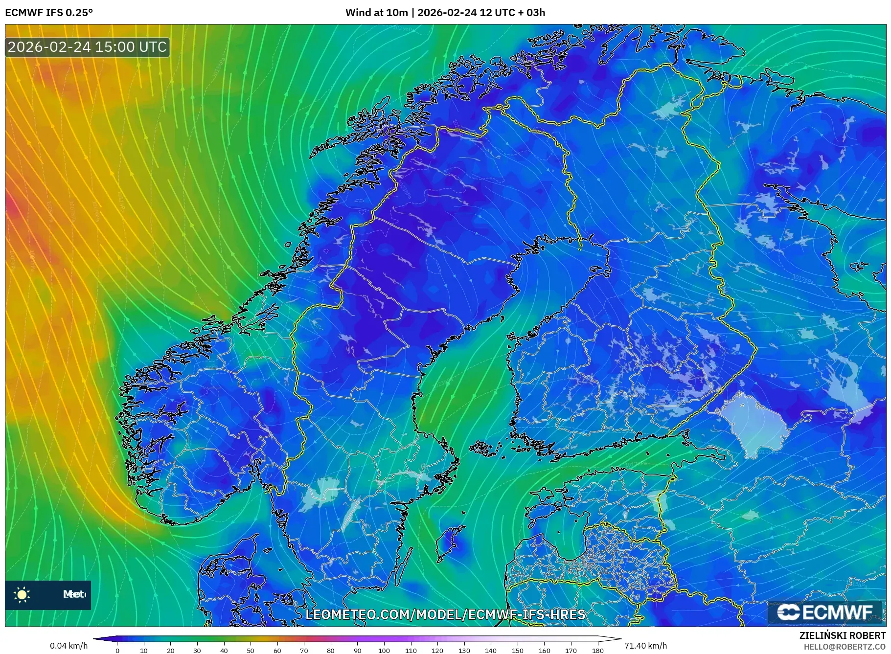 ECMWF IFS 0.25° model - Scandinavia, Wind at 10m