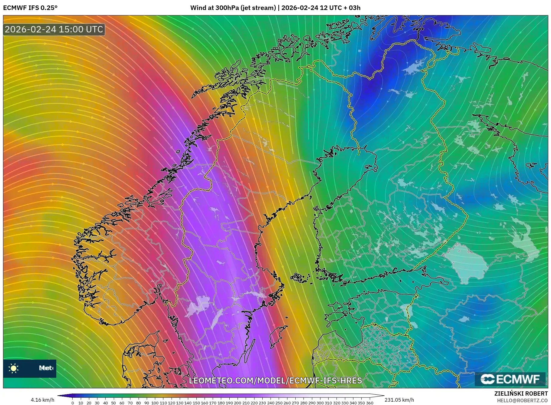 ECMWF IFS 0.25° model - Scandinavia, Wind at 300hPa (jet stream)
