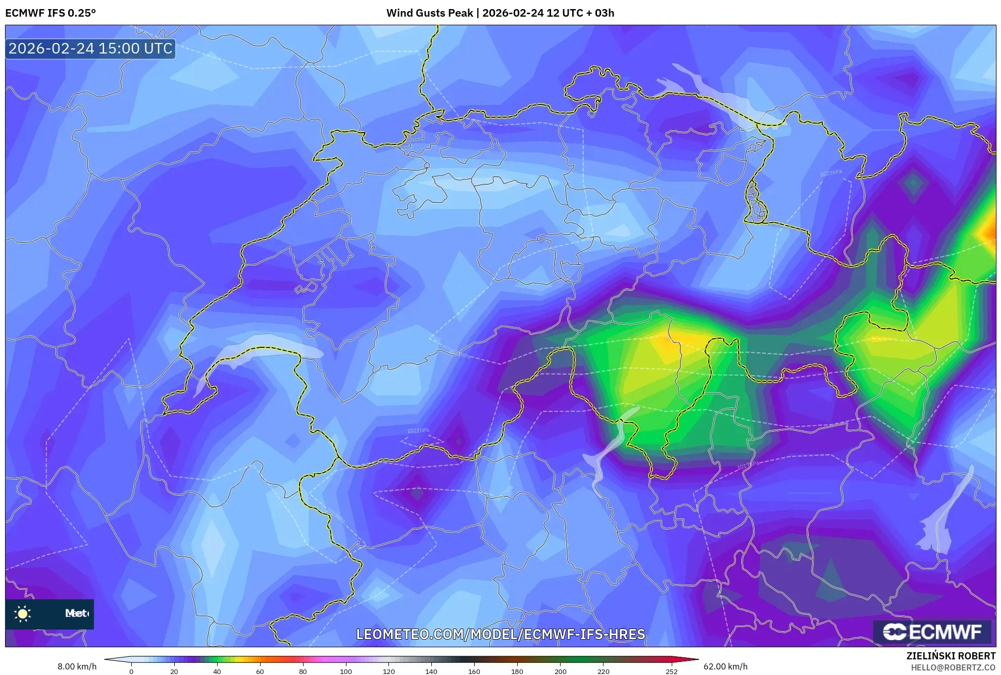 ECMWF IFS 0.25° model - Switzerland, Wind Gusts Peak