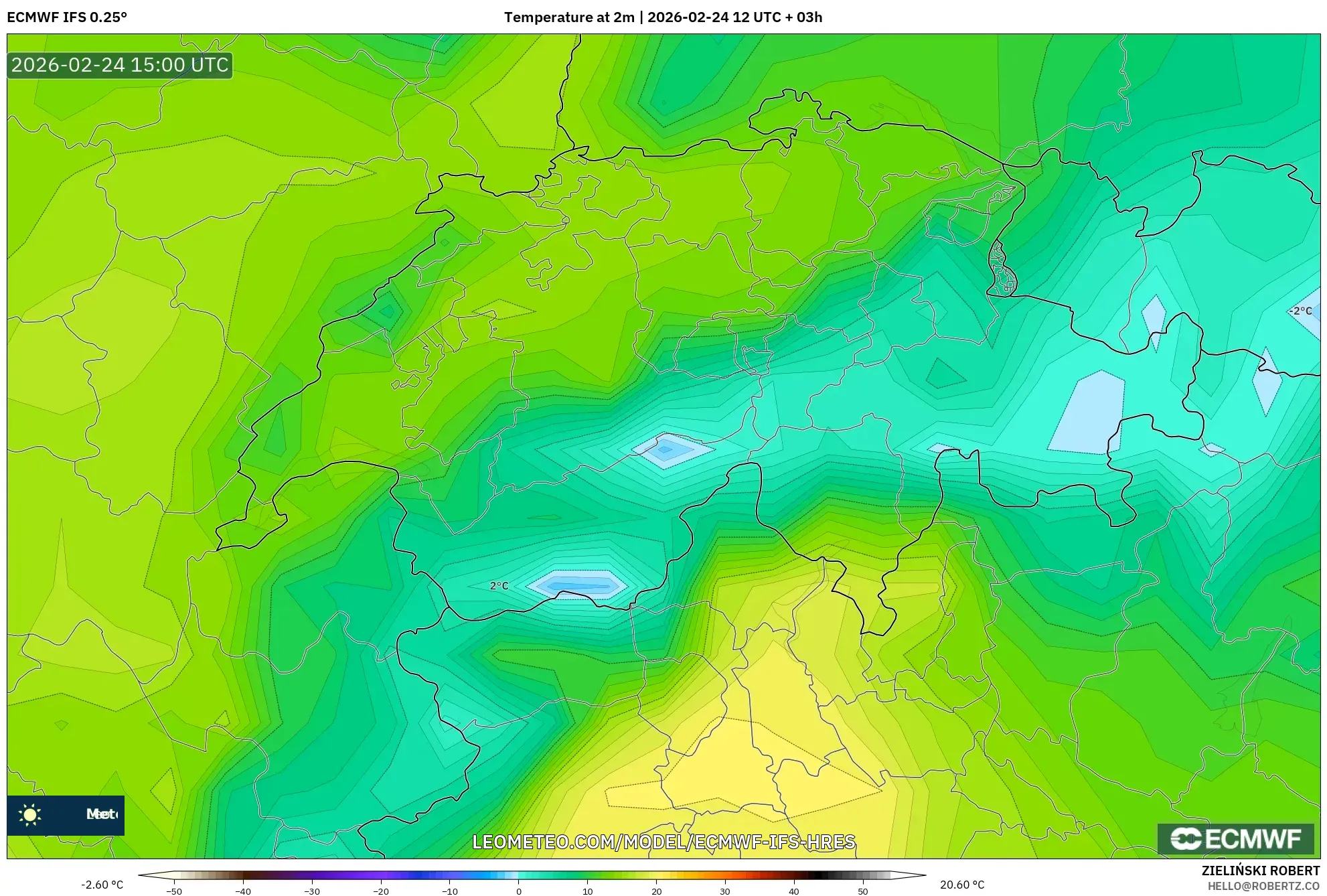 ECMWF IFS 0.25° model - Switzerland, Temperature at 2m