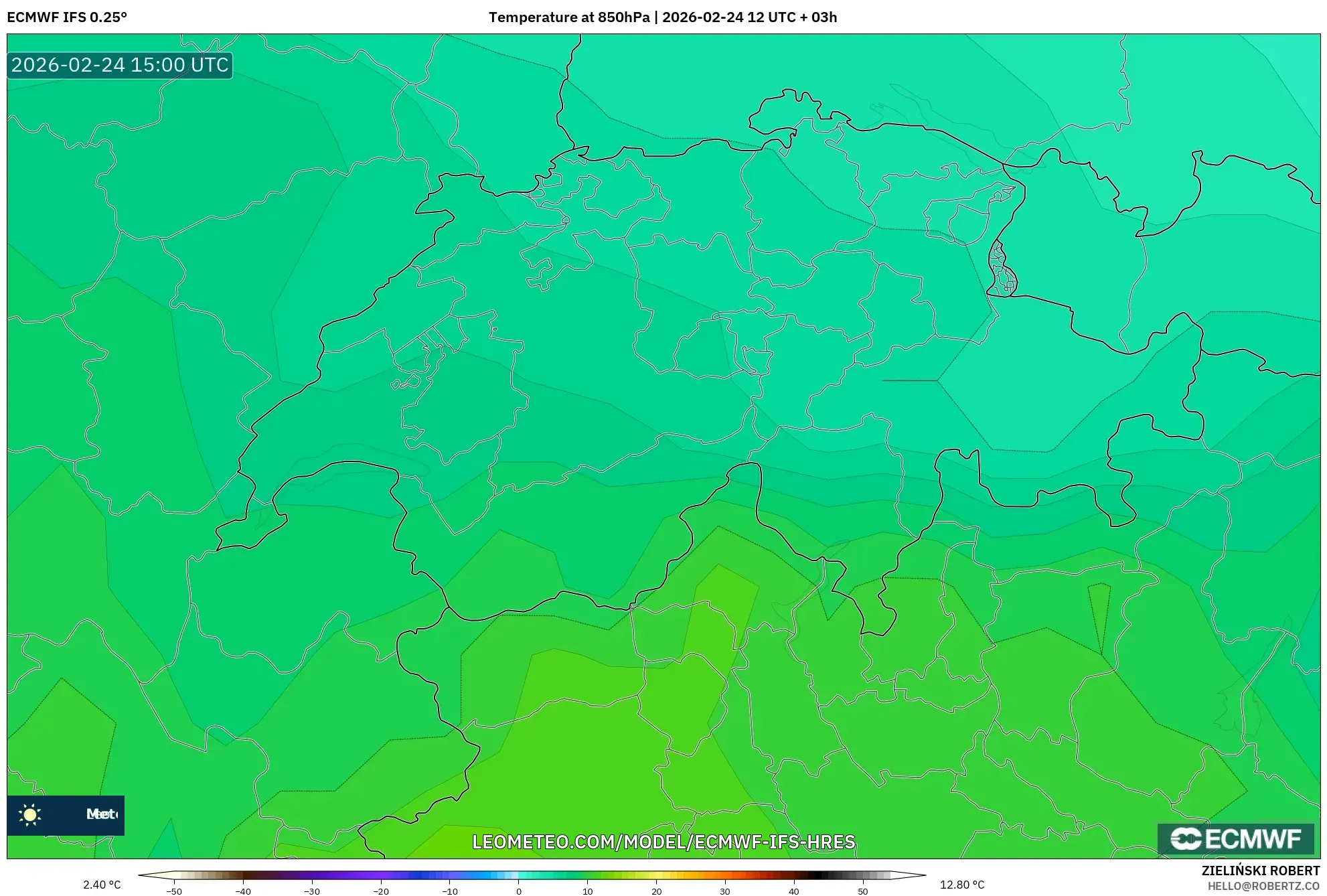 ECMWF IFS 0.25° model - Switzerland, Temperature at 850hPa