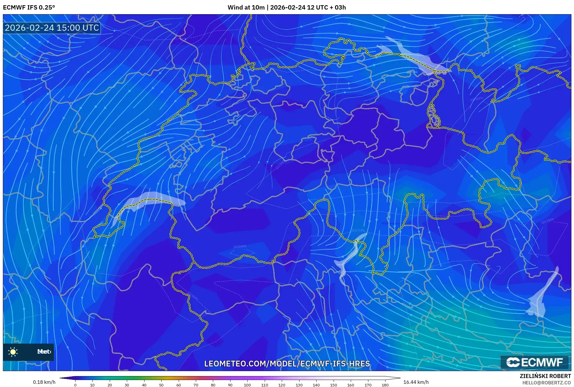 ECMWF IFS 0.25° model - Switzerland, Wind at 10m