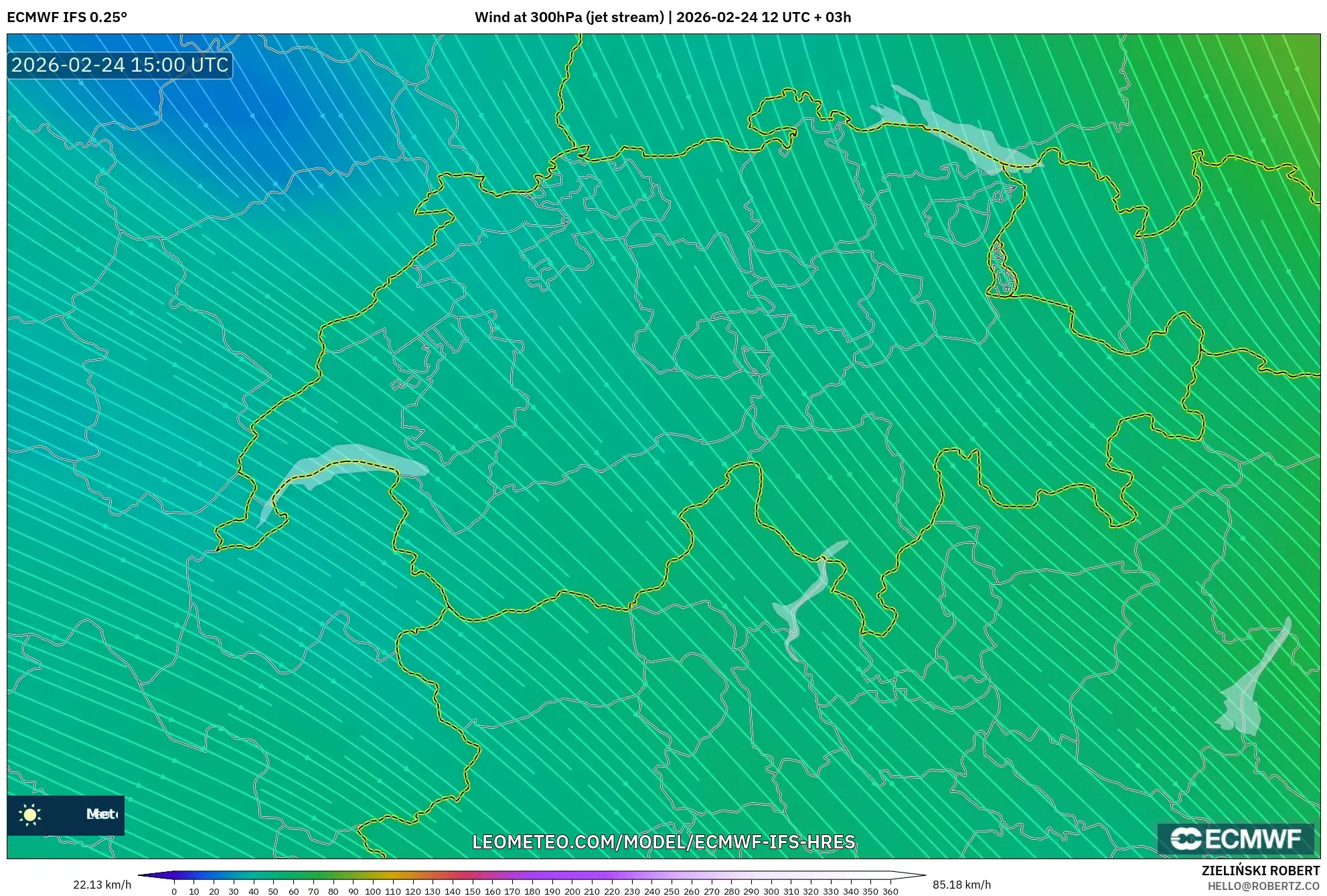 ECMWF IFS 0.25° model - Switzerland, Wind at 300hPa (jet stream)
