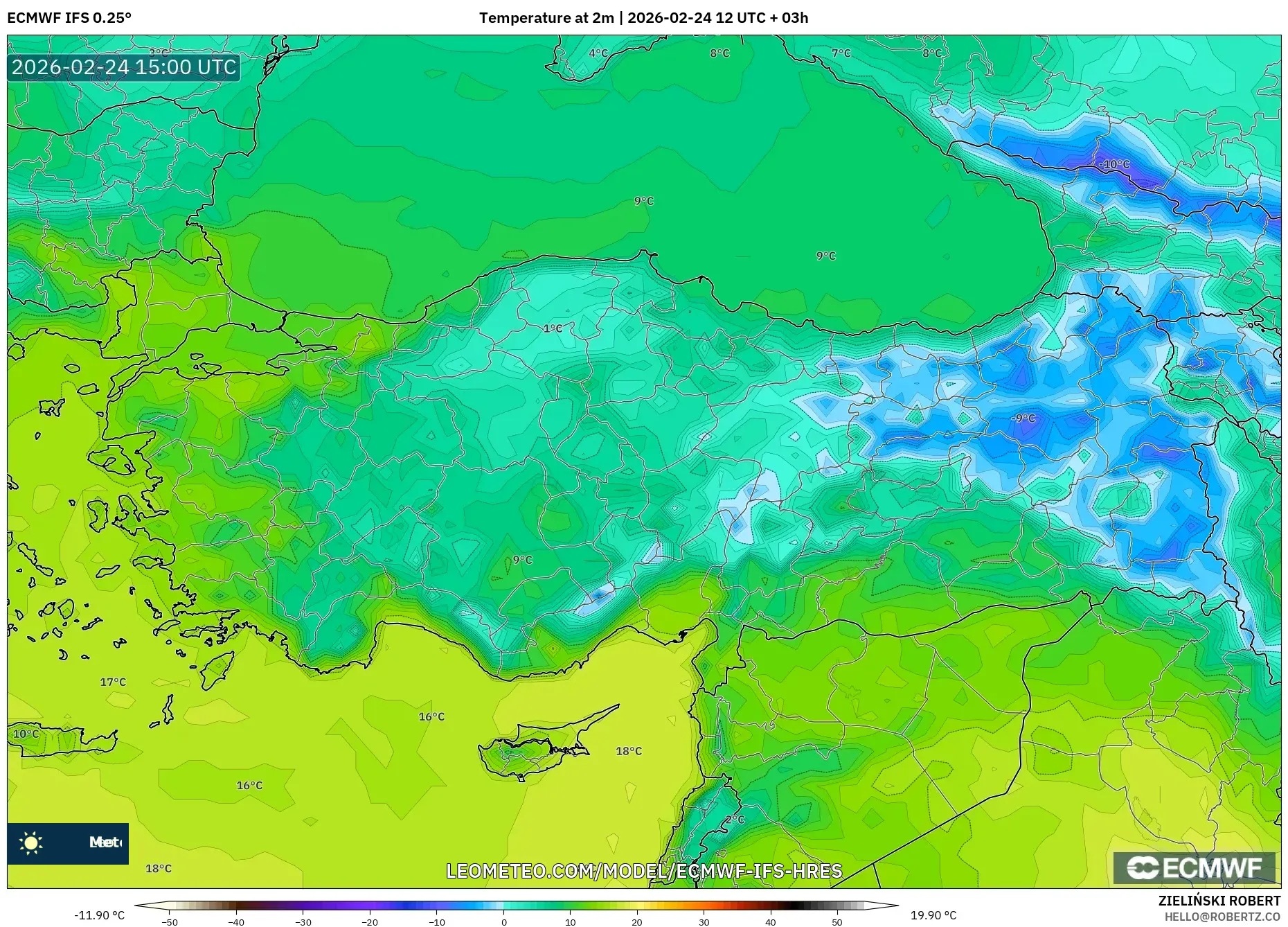 ECMWF IFS 0.25° model - Turkey, Temperature at 2m