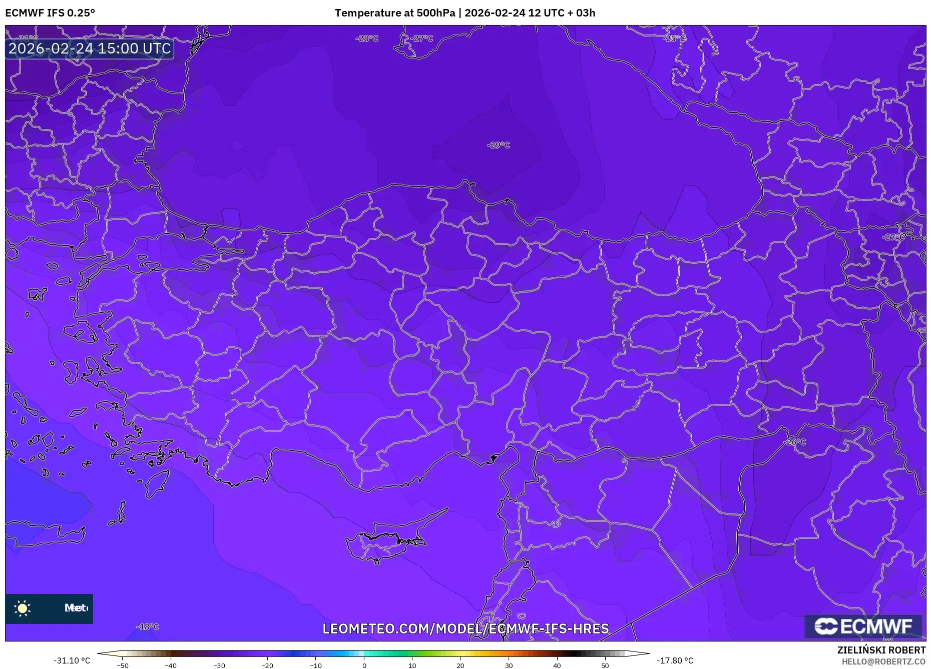 ECMWF IFS 0.25° model - Turkey, Temperature at 500hPa
