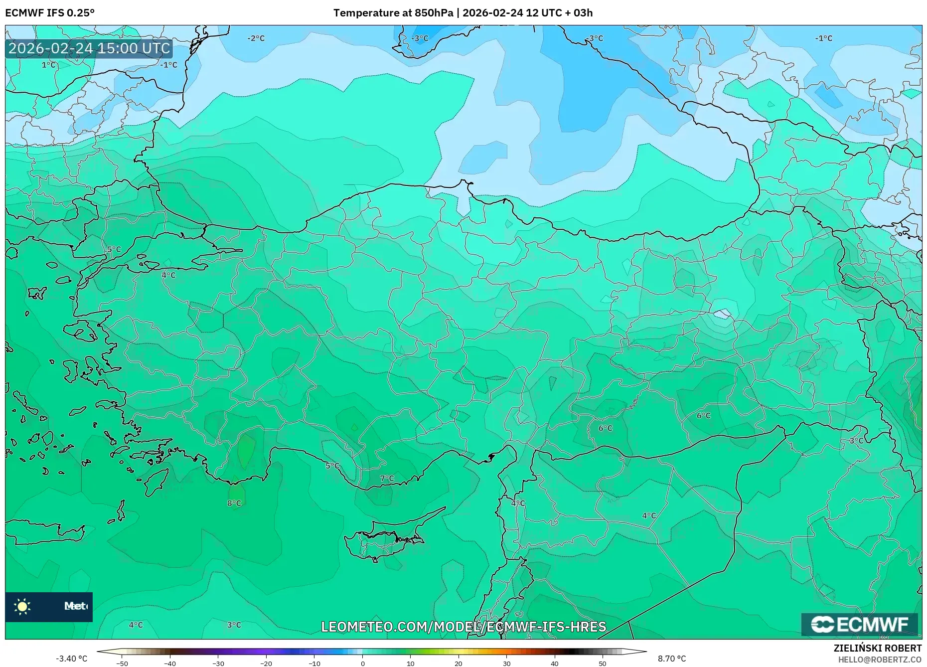 ECMWF IFS 0.25° model - Turkey, Temperature at 850hPa