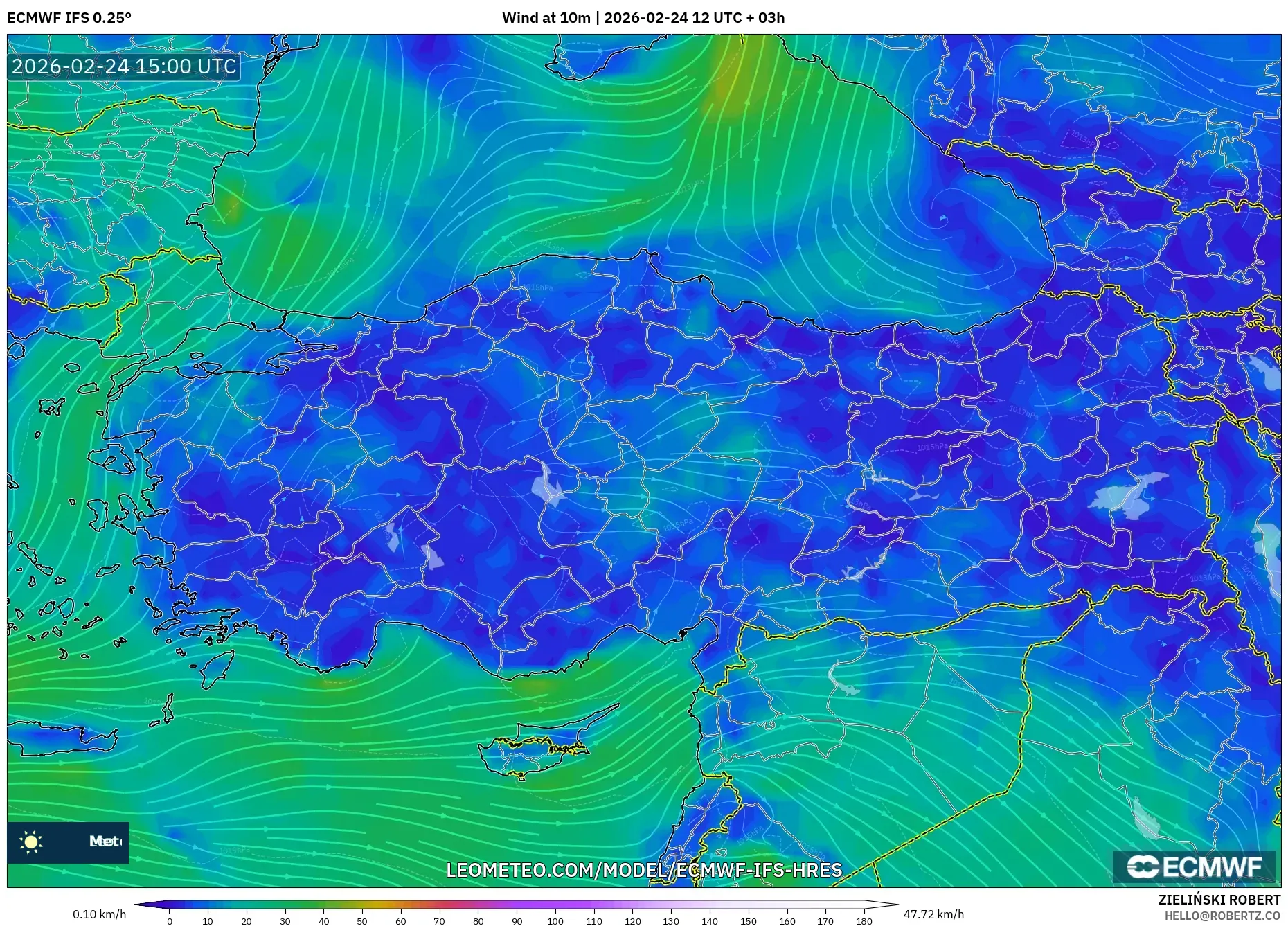 ECMWF IFS 0.25° model - Turkey, Wind at 10m