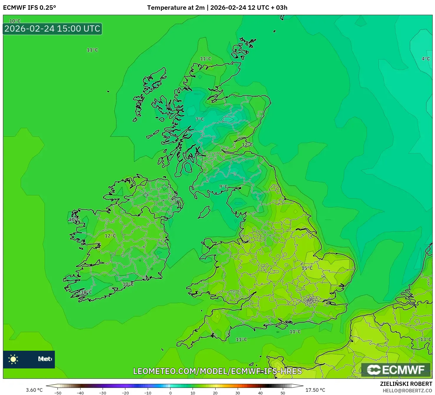 ECMWF IFS 0.25° model - United Kingdom, Temperature at 2m