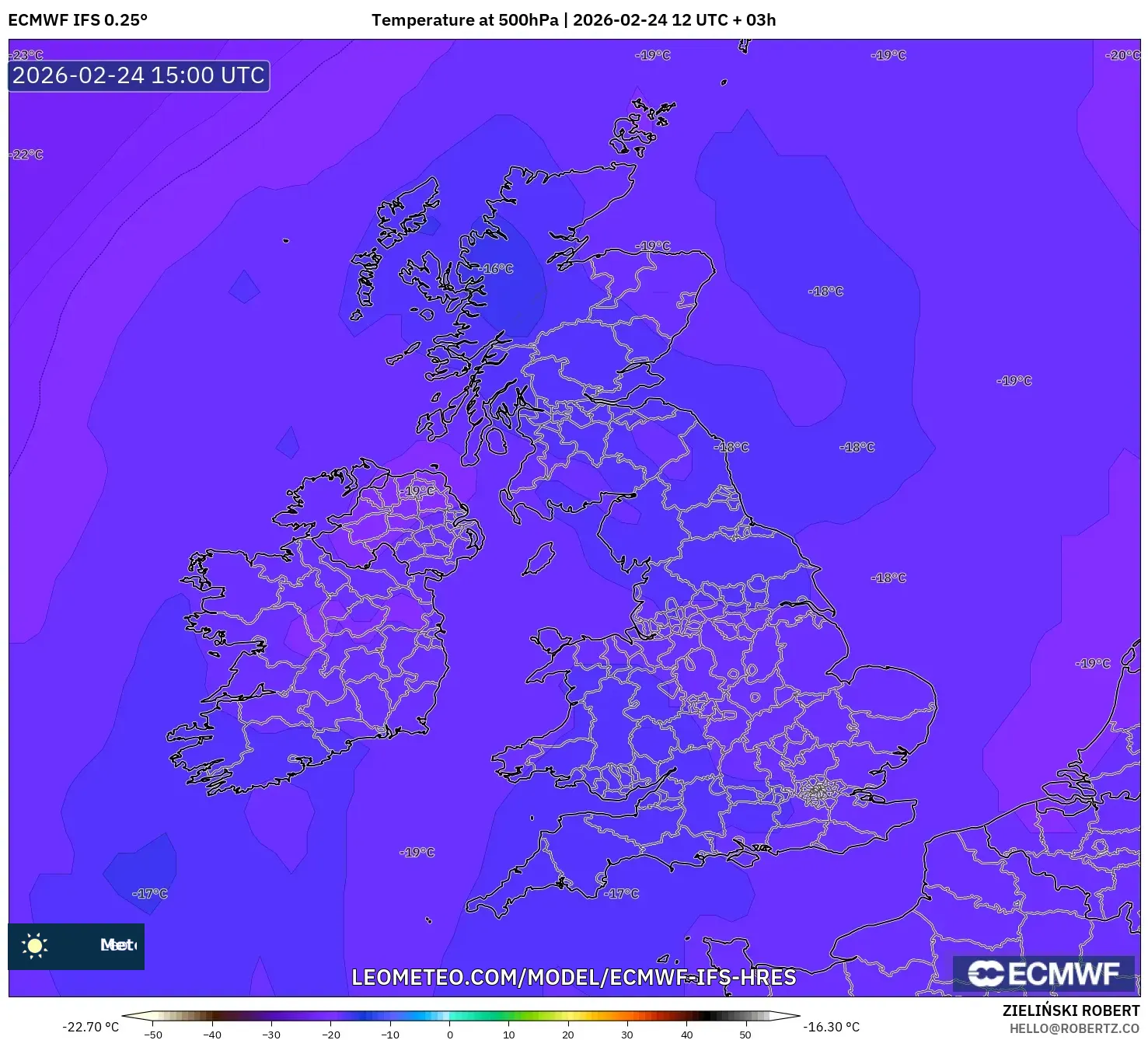 ECMWF IFS 0.25° model - United Kingdom, Temperature at 500hPa