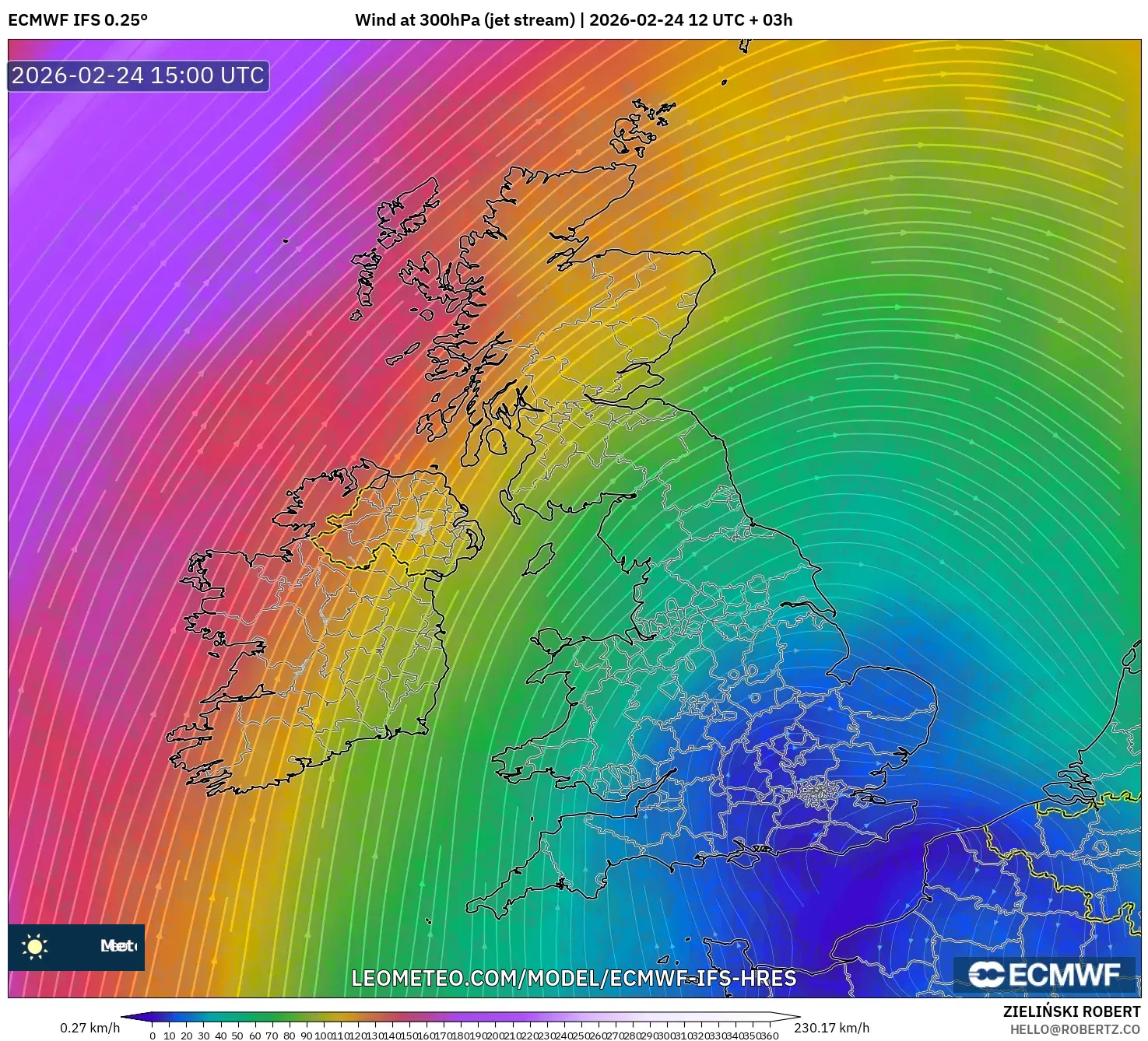 ECMWF IFS 0.25° model - United Kingdom, Wind at 300hPa (jet stream)