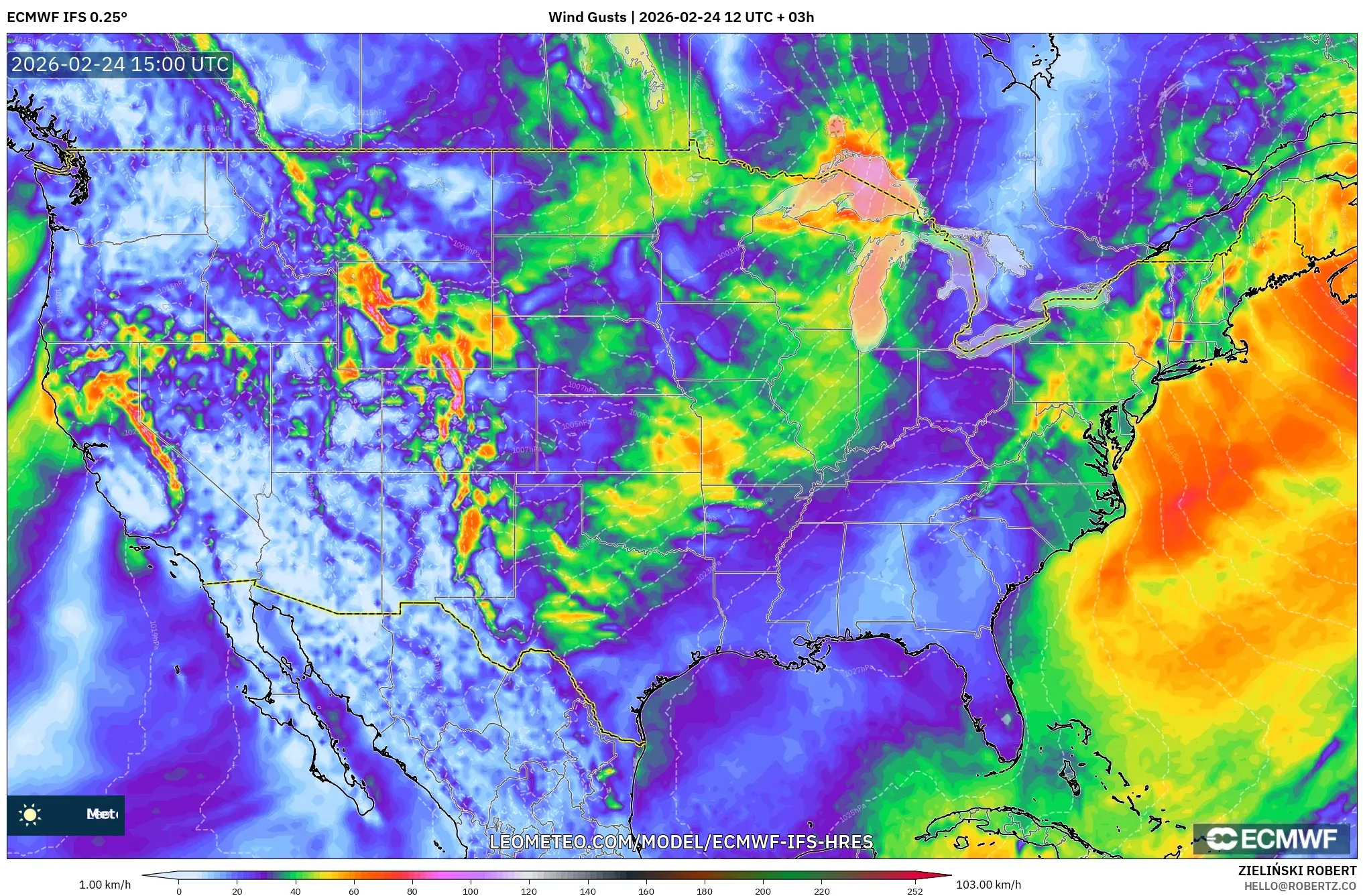ECMWF IFS 0.25° model - United States, Wind Gusts
