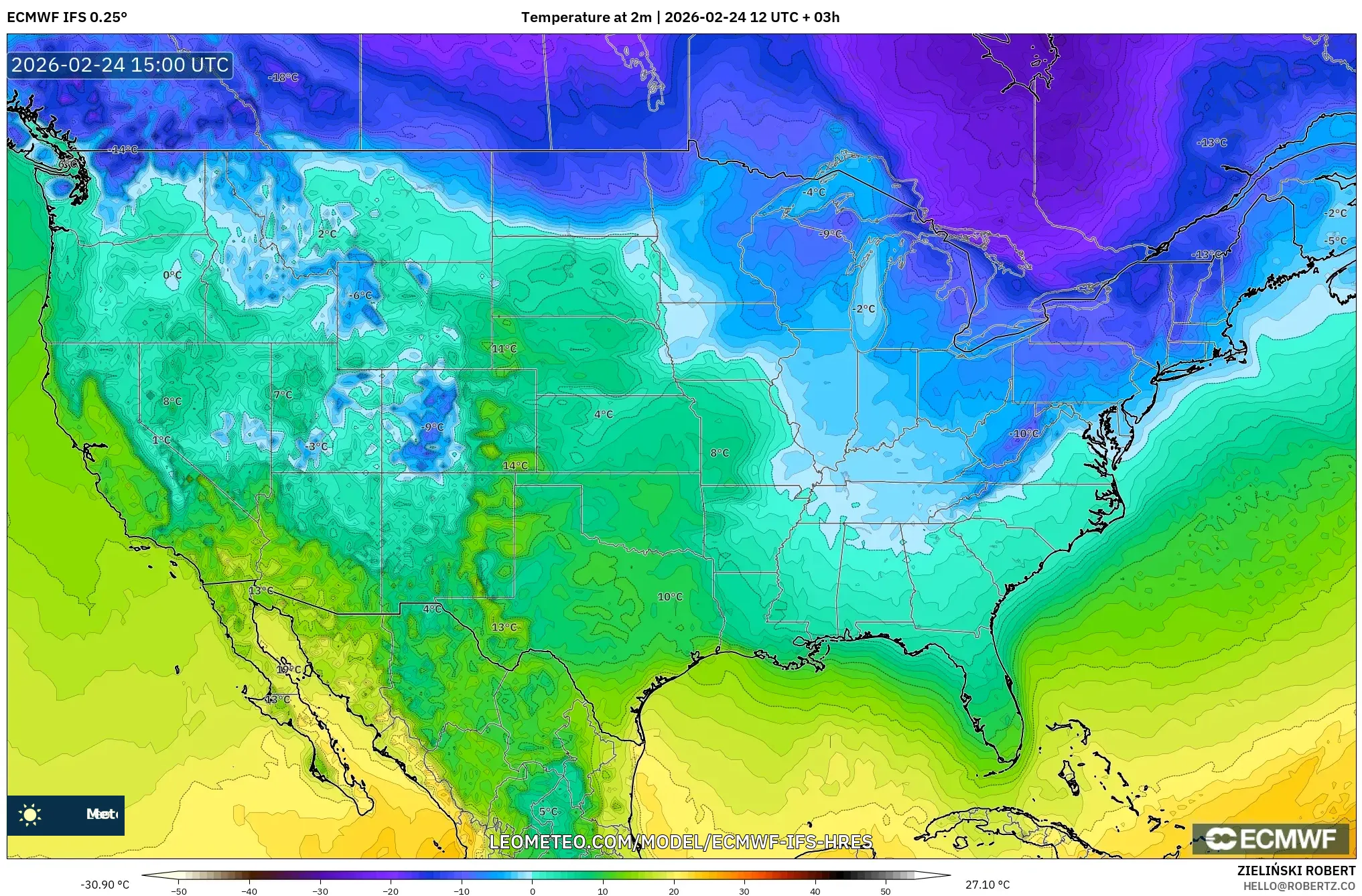 ECMWF IFS 0.25° model - United States, Temperature at 2m