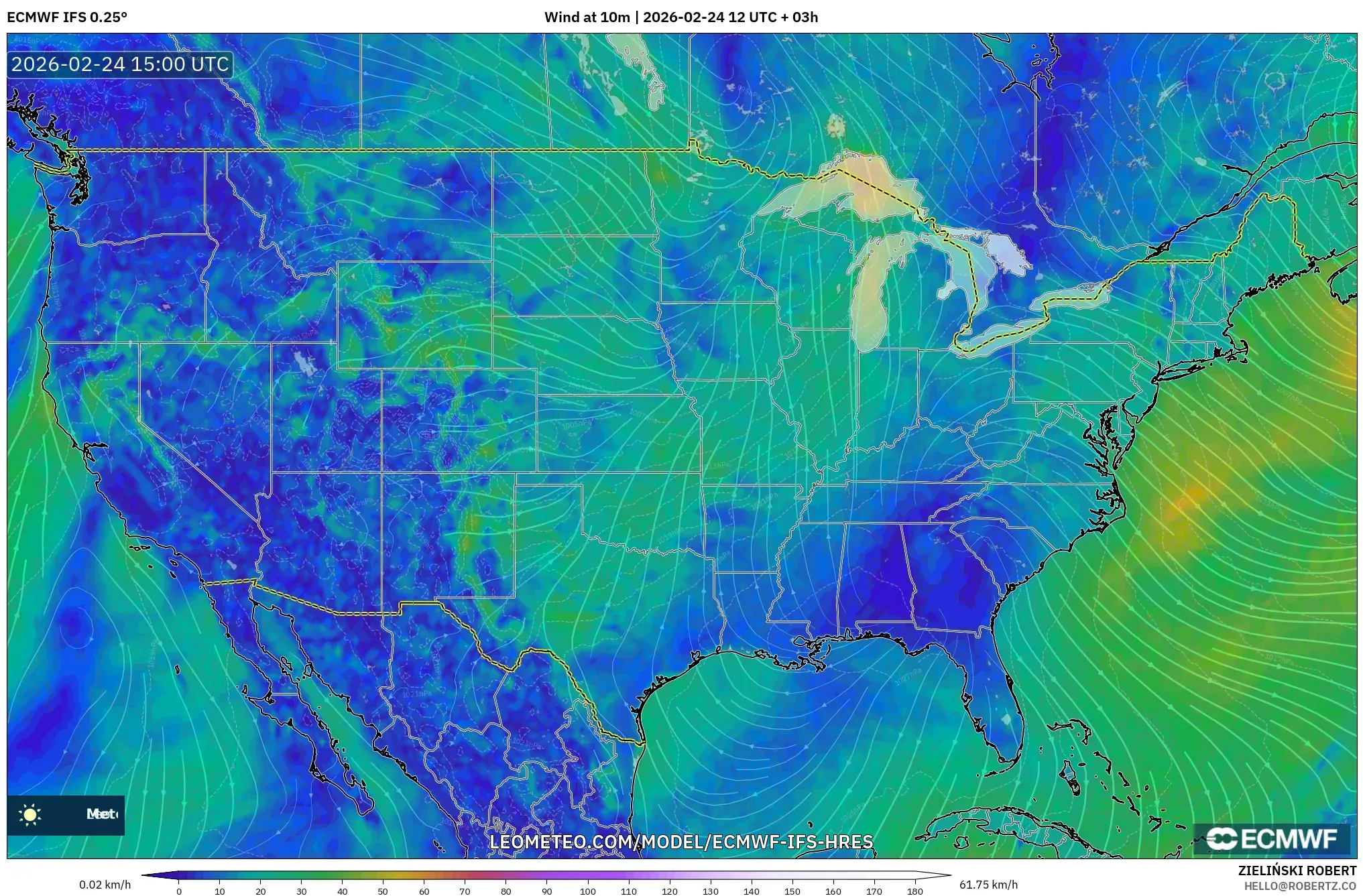 ECMWF IFS 0.25° model - United States, Wind at 10m