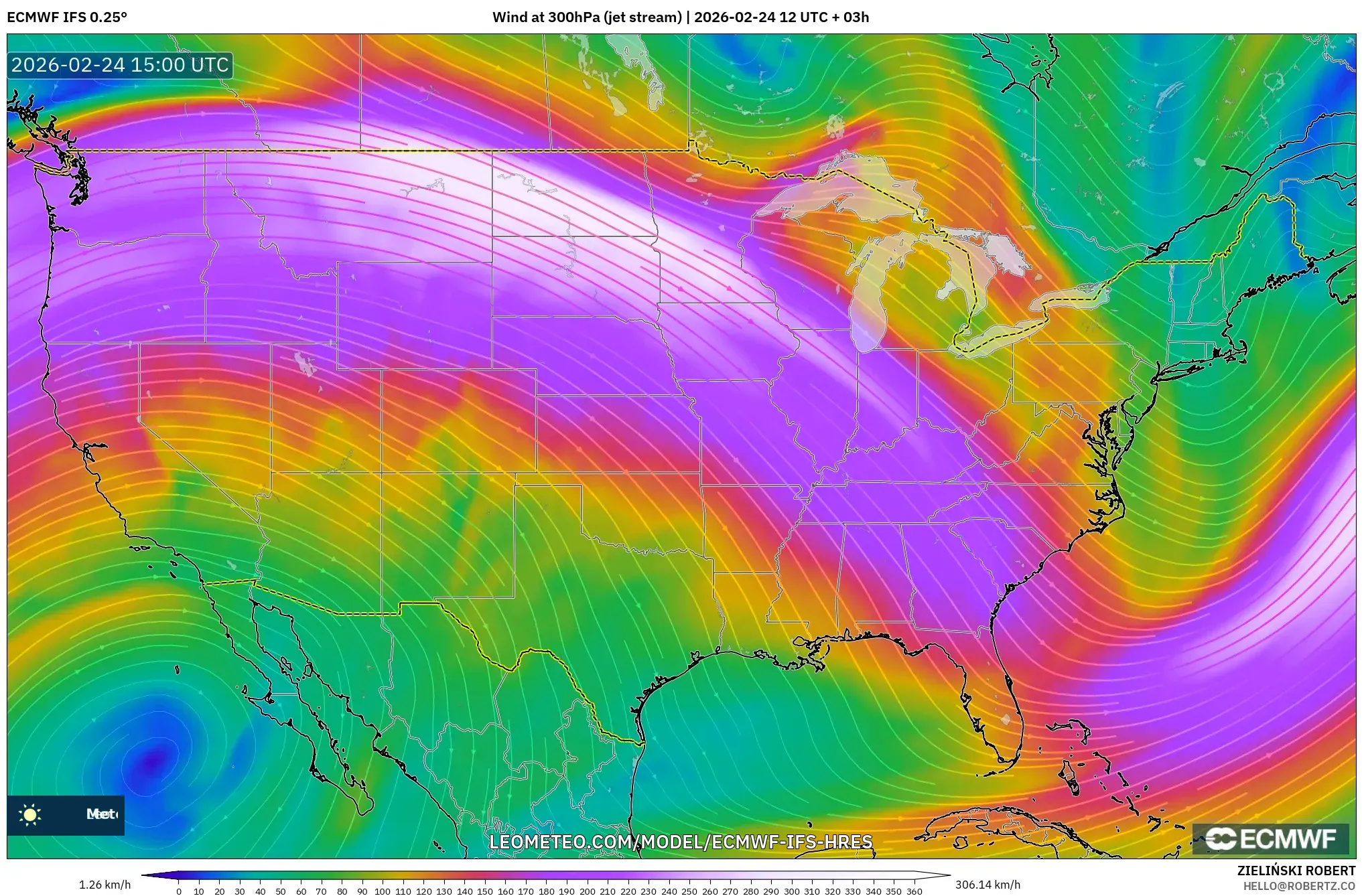 ECMWF IFS 0.25° model - United States, Wind at 300hPa (jet stream)