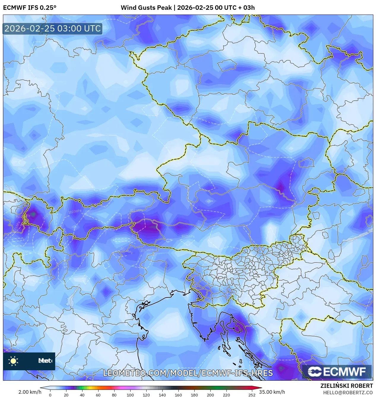 ECMWF IFS 0.25° model - Austria, Wind Gusts Peak