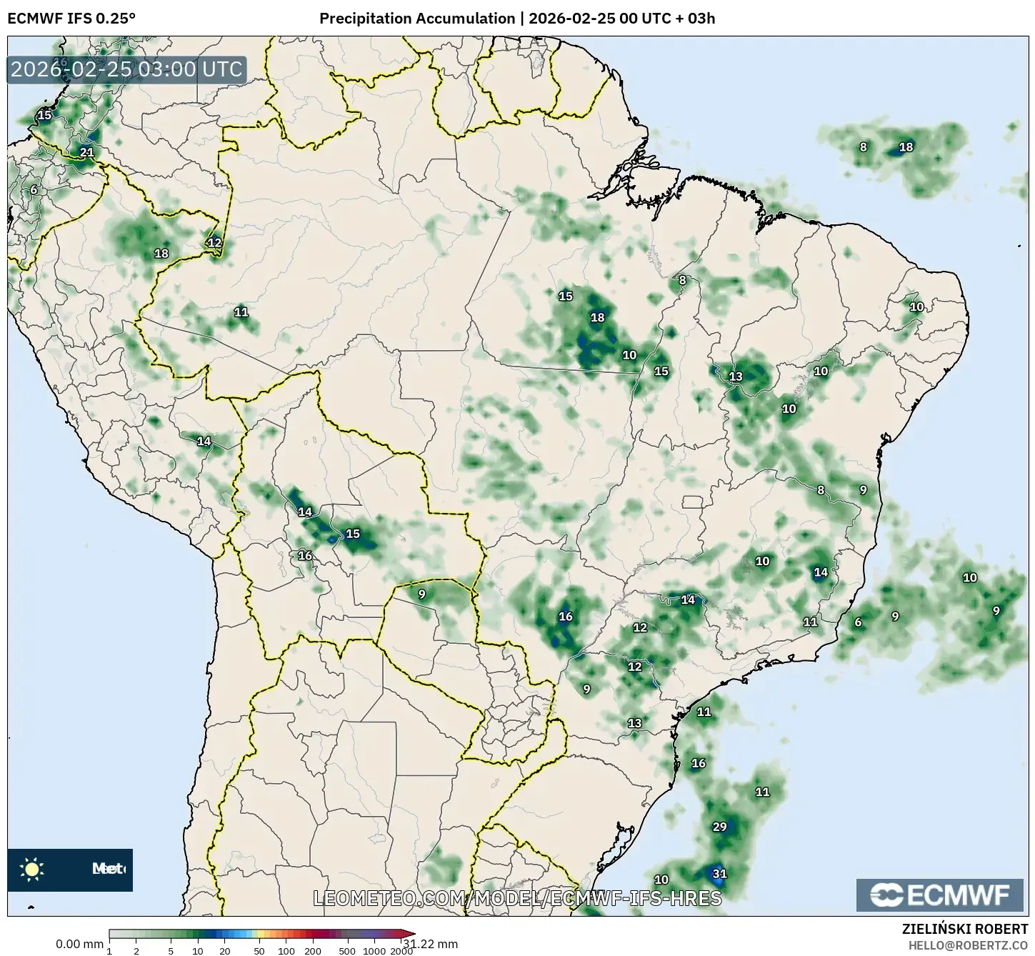 ECMWF IFS 0.25° model - Brazil, Precipitation Accumulation