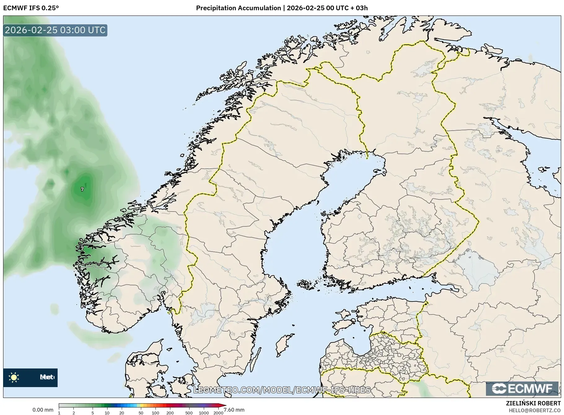 ECMWF IFS 0.25° model - Scandinavia, Precipitation Accumulation