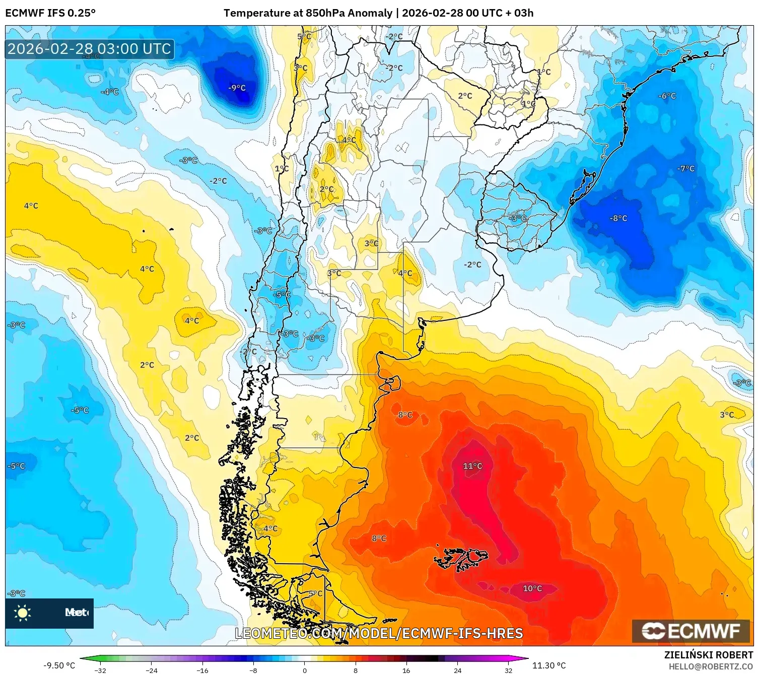 ECMWF IFS 0.25° model - Argentina, Temperature at 850hPa Anomaly