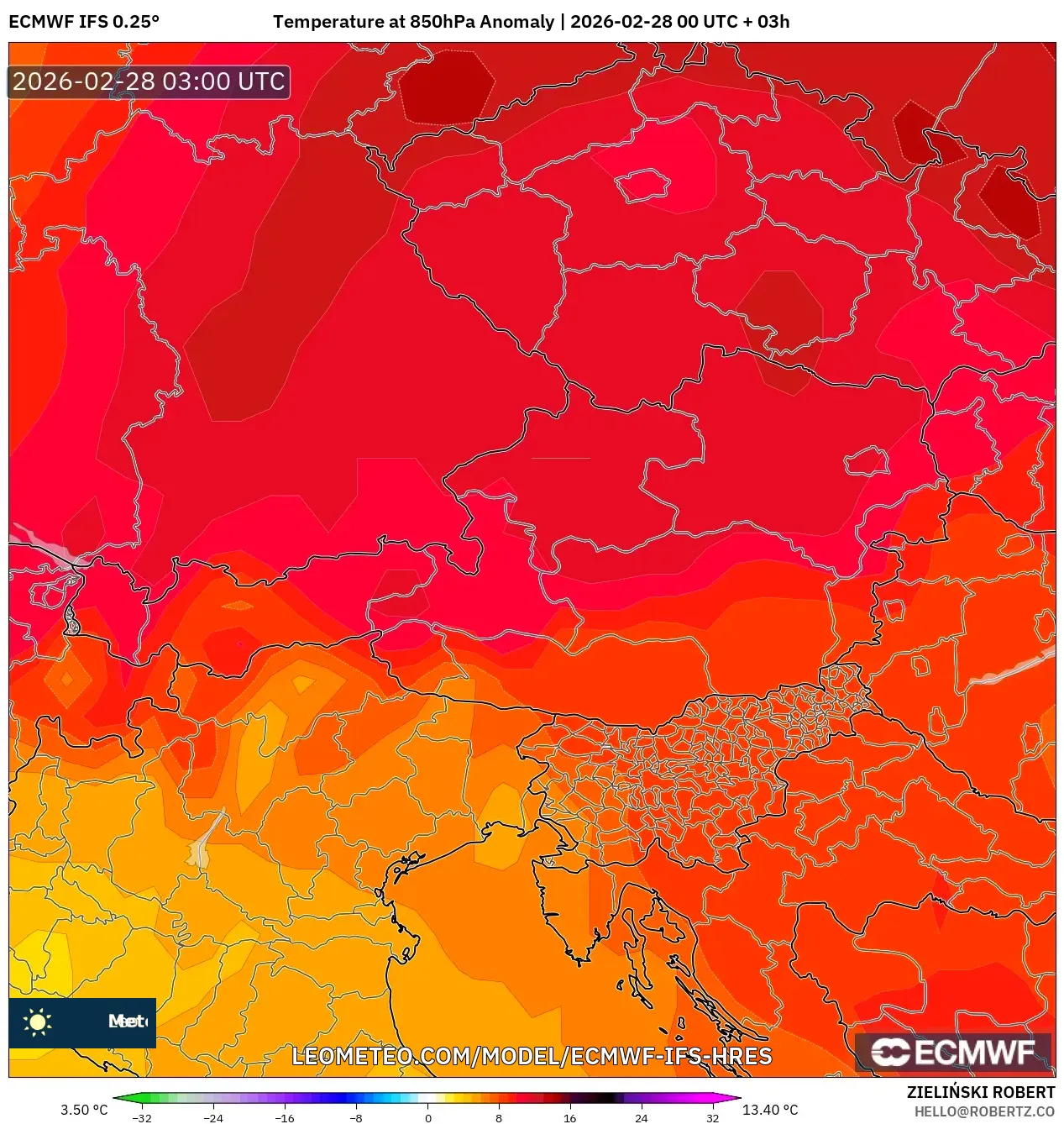 ECMWF IFS 0.25° model - Austria, Temperature at 850hPa Anomaly