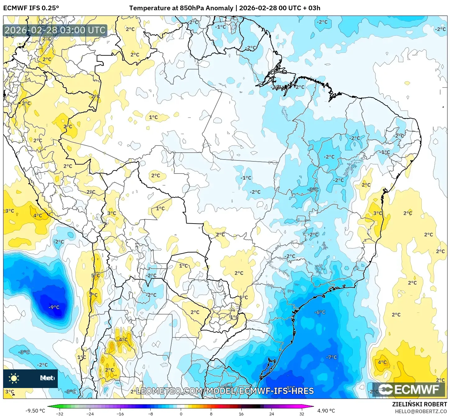 ECMWF IFS 0.25° model - Brazil, Temperature at 850hPa Anomaly