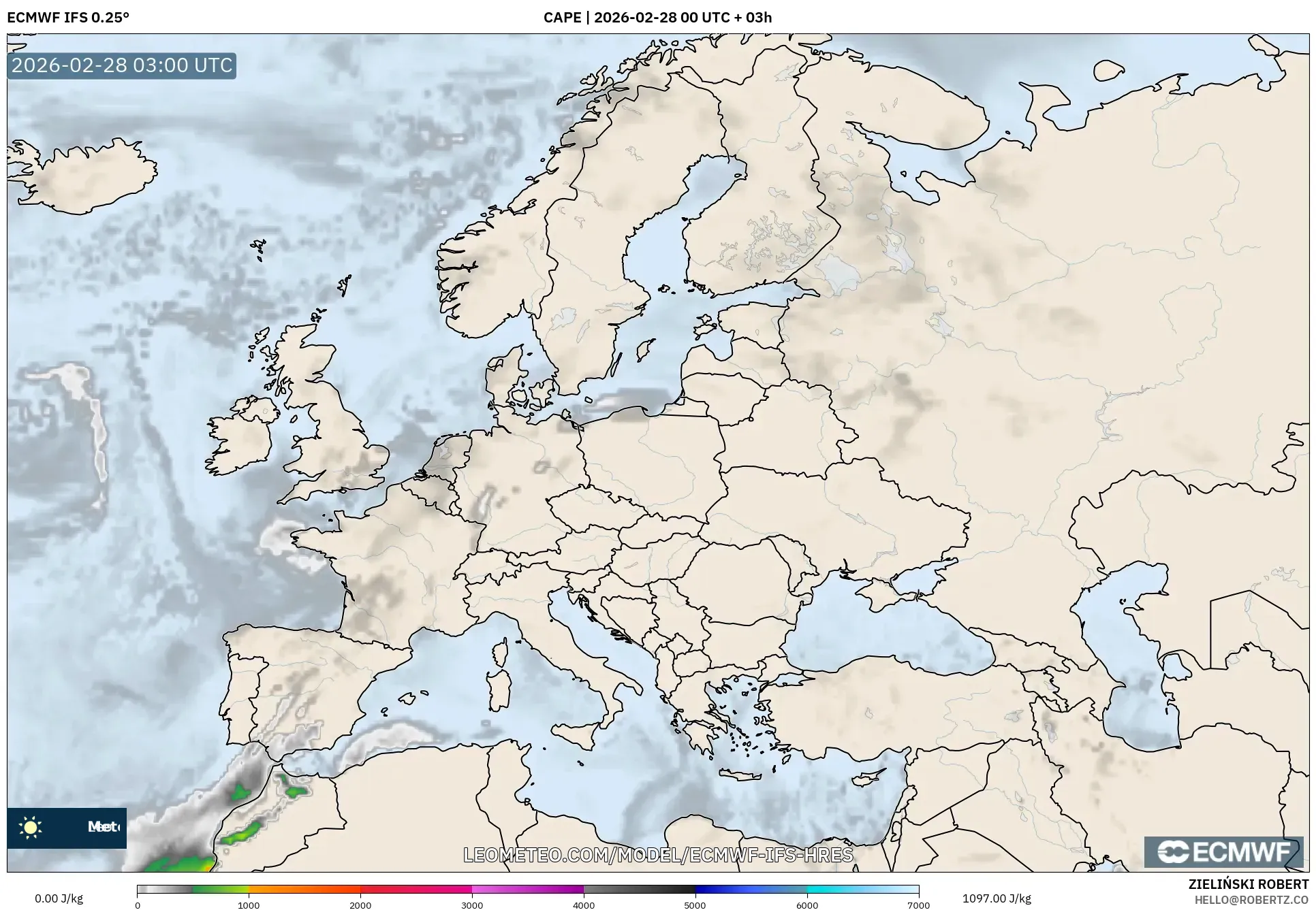 ECMWF IFS 0.25° model - Europe, CAPE
