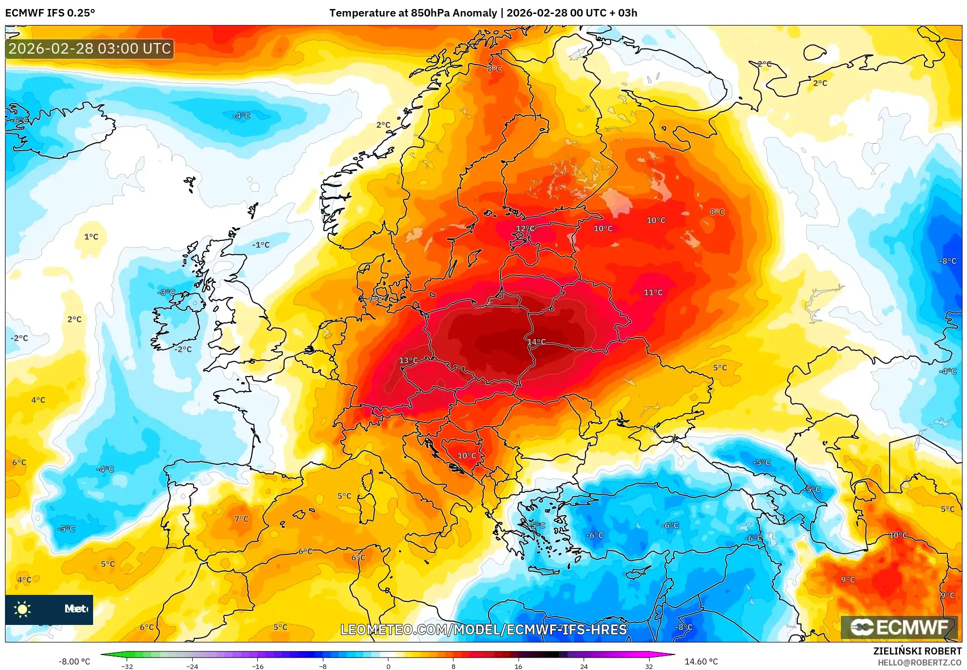 ECMWF IFS 0.25° model - Europe, Temperature at 850hPa Anomaly
