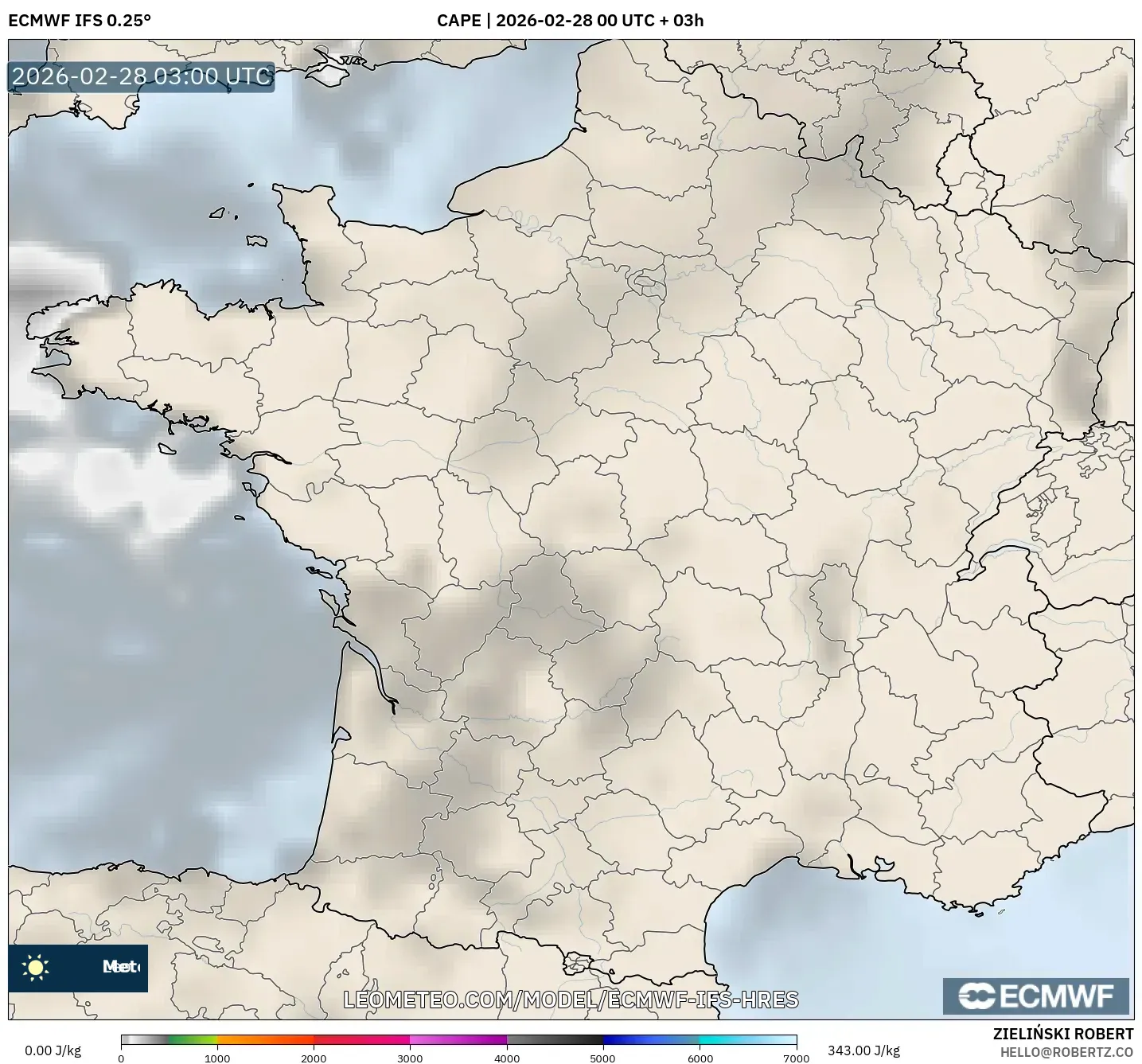 ECMWF IFS 0.25° model - France, CAPE