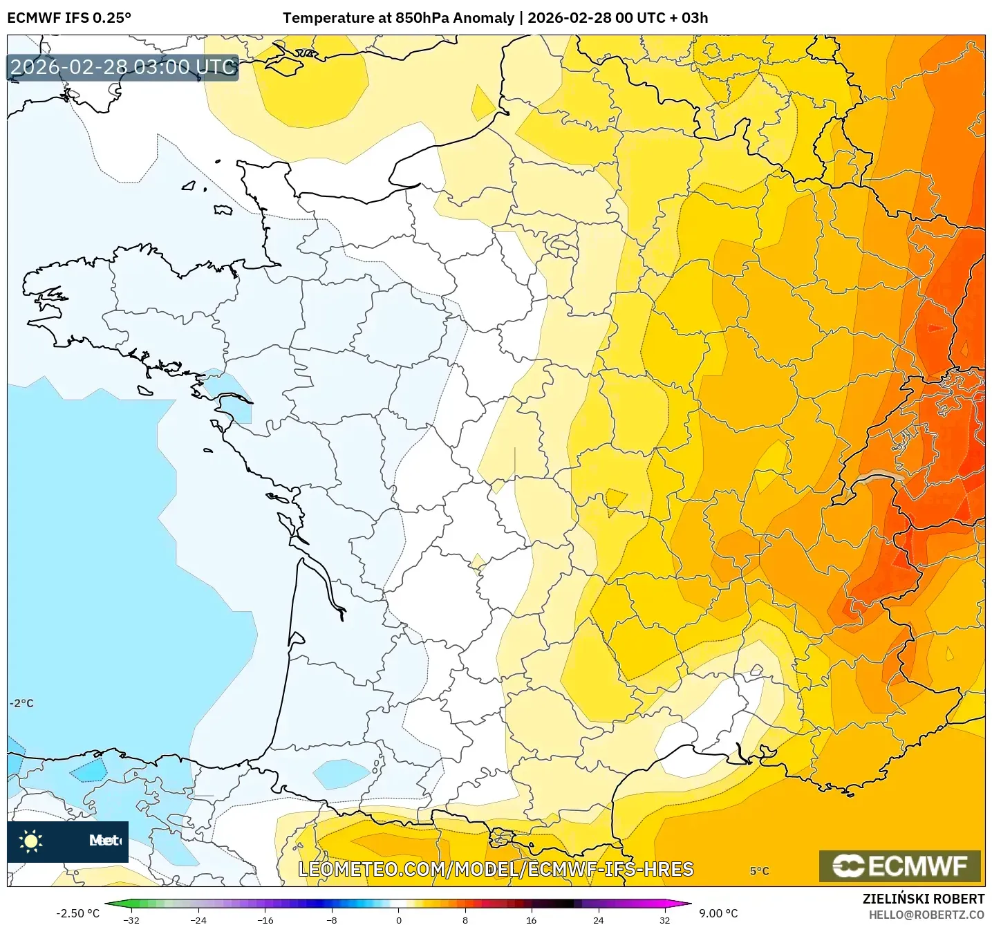 ECMWF IFS 0.25° model - France, Temperature at 850hPa Anomaly