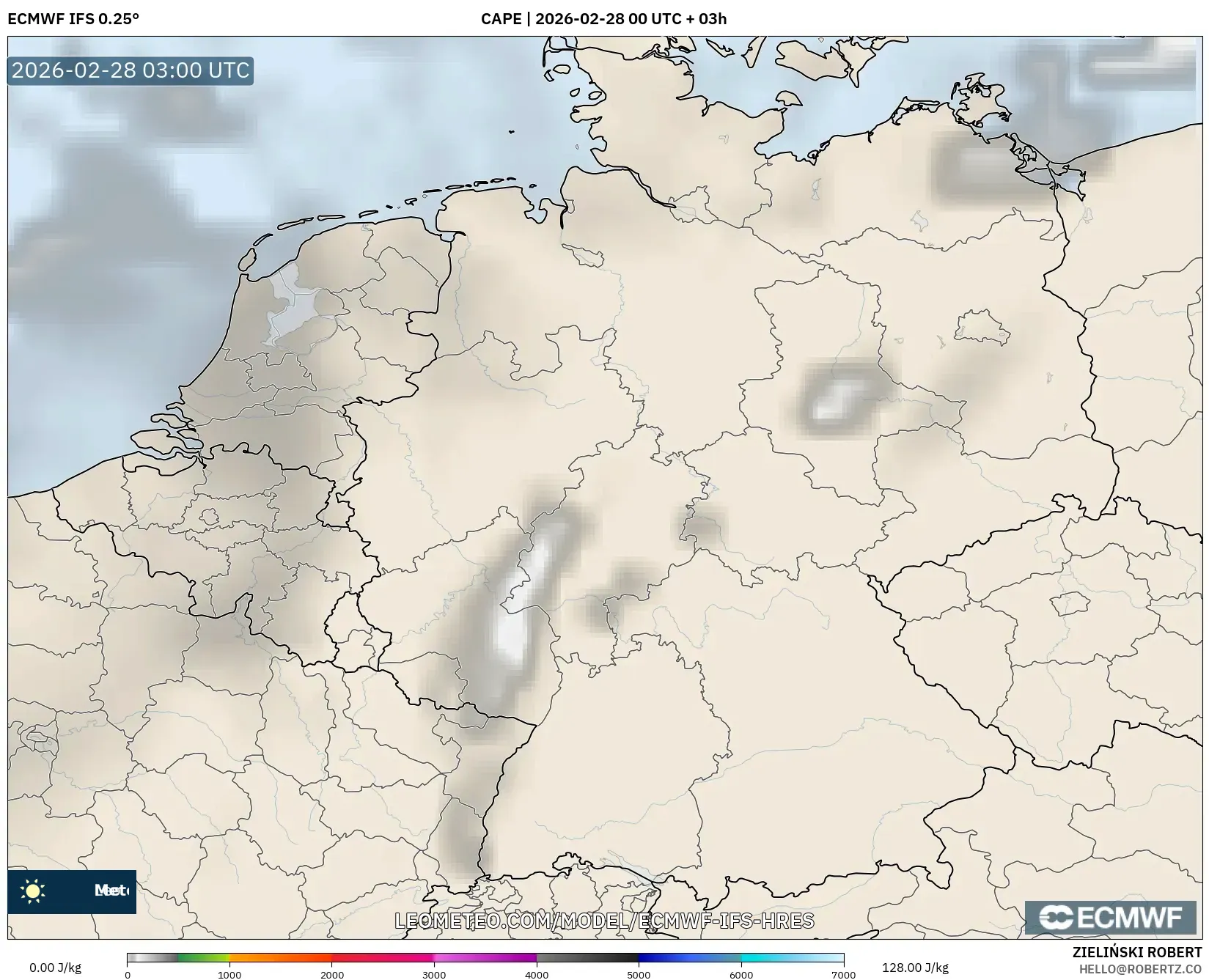 ECMWF IFS 0.25° model - Germany, CAPE