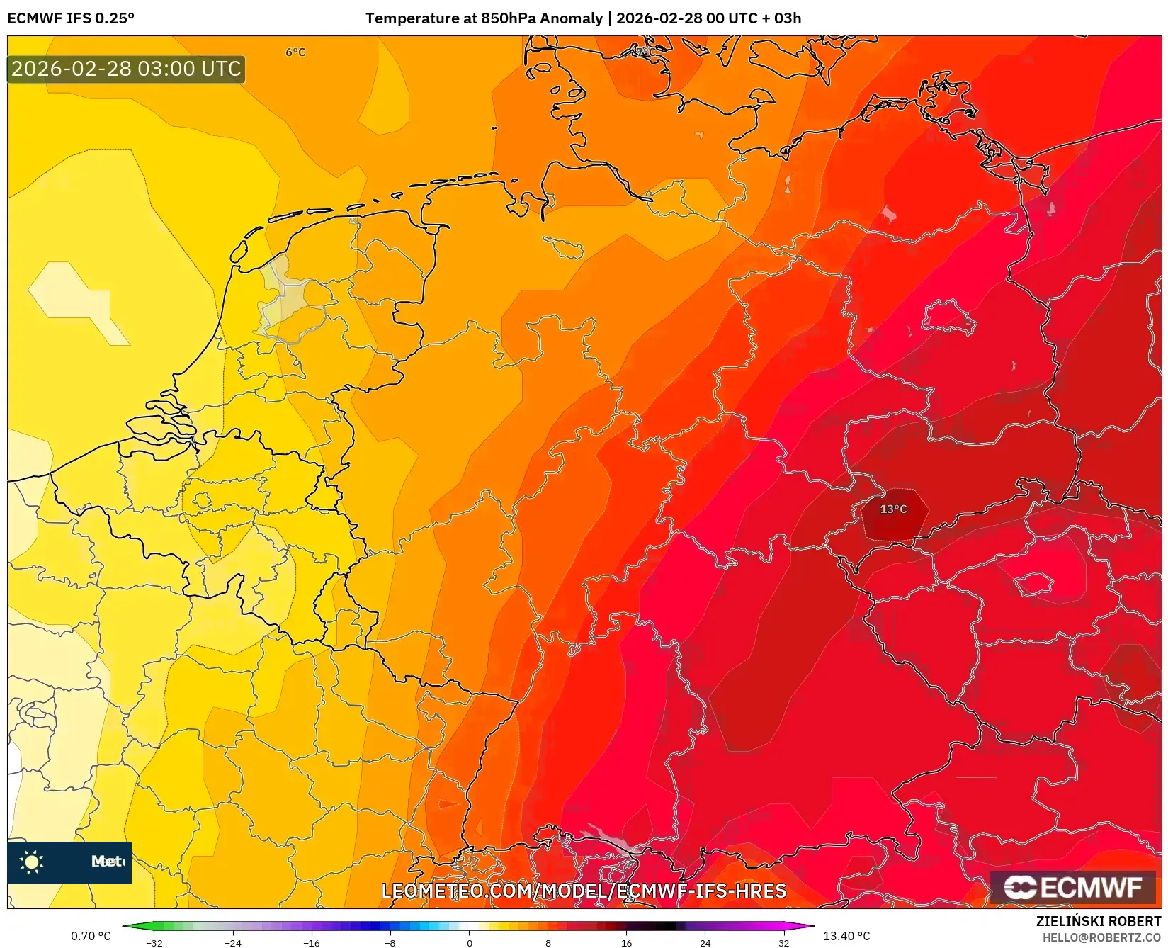 ECMWF IFS 0.25° model - Germany, Temperature at 850hPa Anomaly