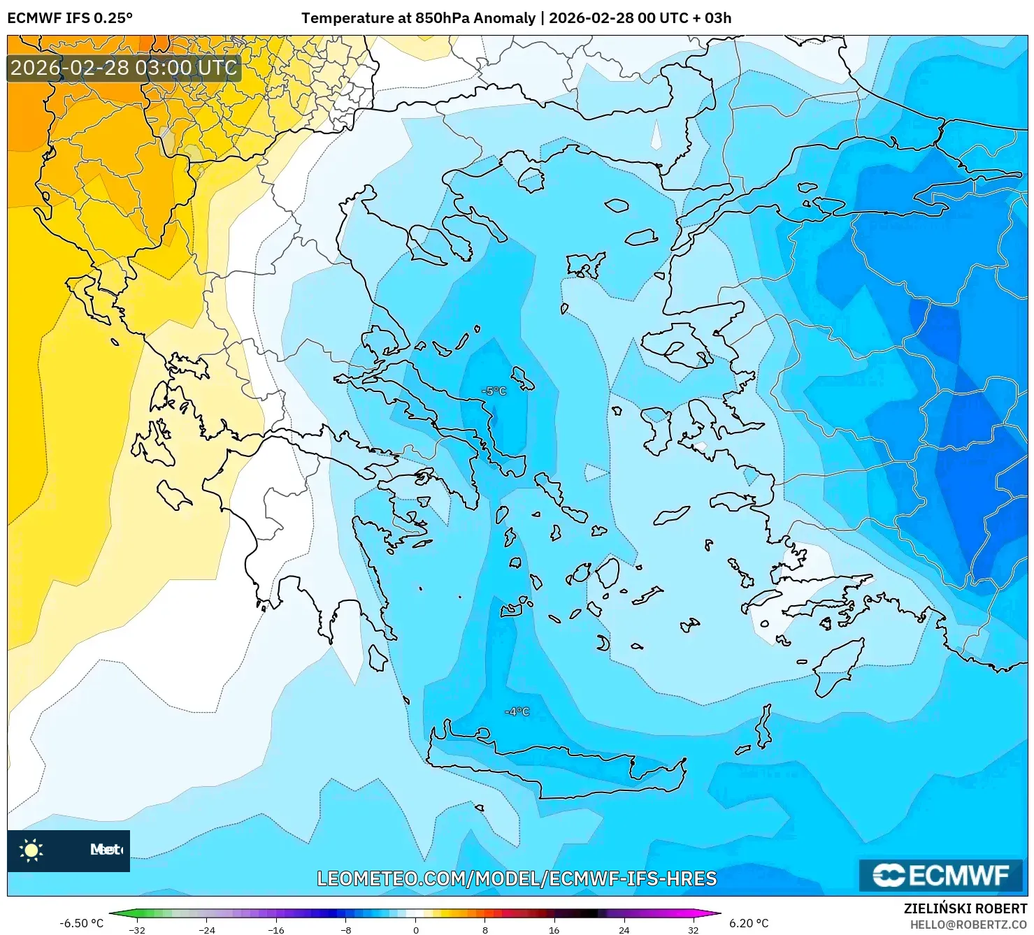 ECMWF IFS 0.25° model - Greece, Temperature at 850hPa Anomaly