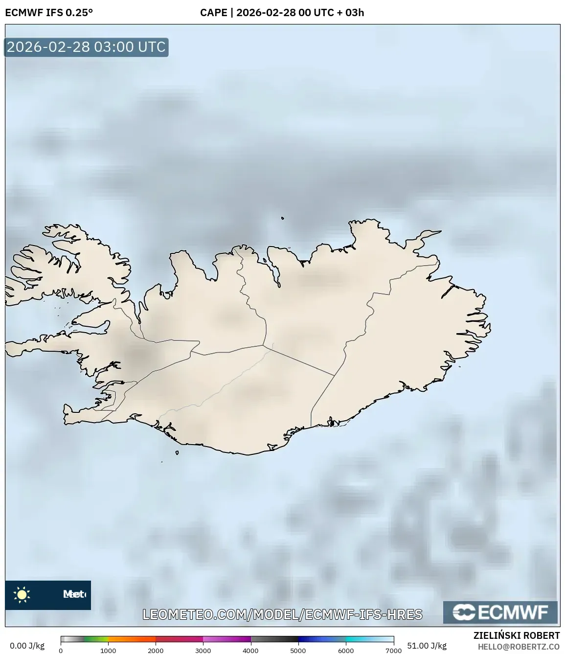 ECMWF IFS 0.25° model - Iceland, CAPE