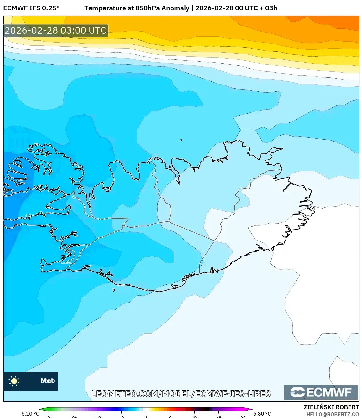 ECMWF IFS 0.25° model - Iceland, Temperature at 850hPa Anomaly