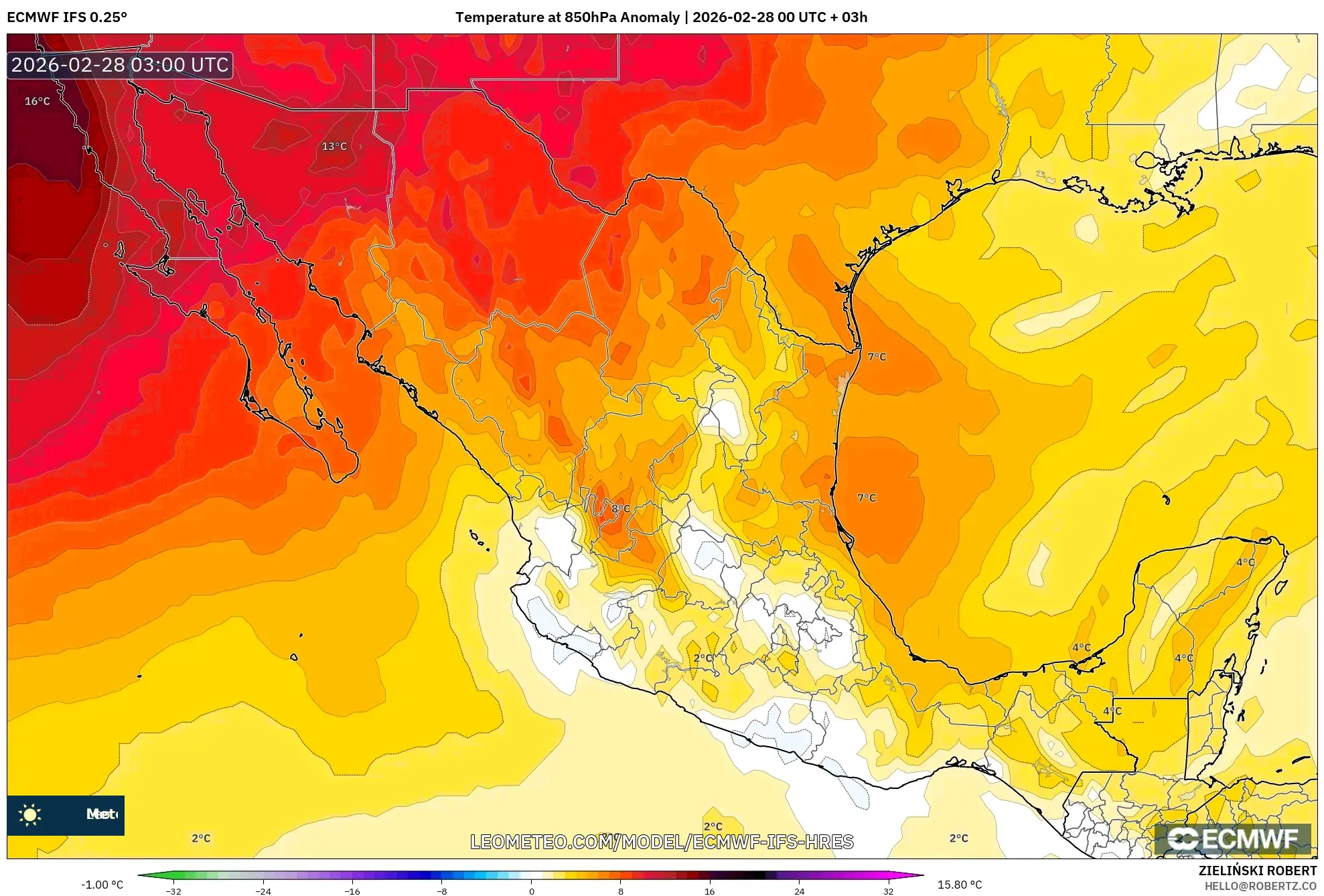ECMWF IFS 0.25° model - Mexico, Temperature at 850hPa Anomaly