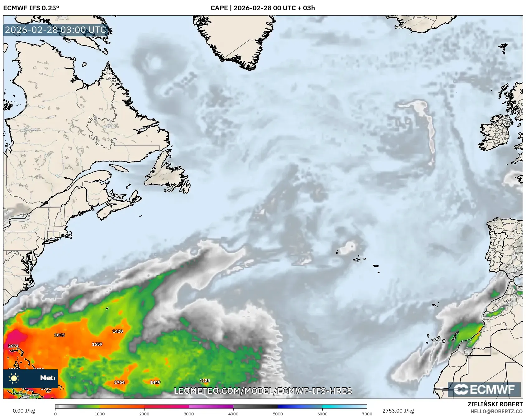 ECMWF IFS 0.25° model - North Atlantic, CAPE