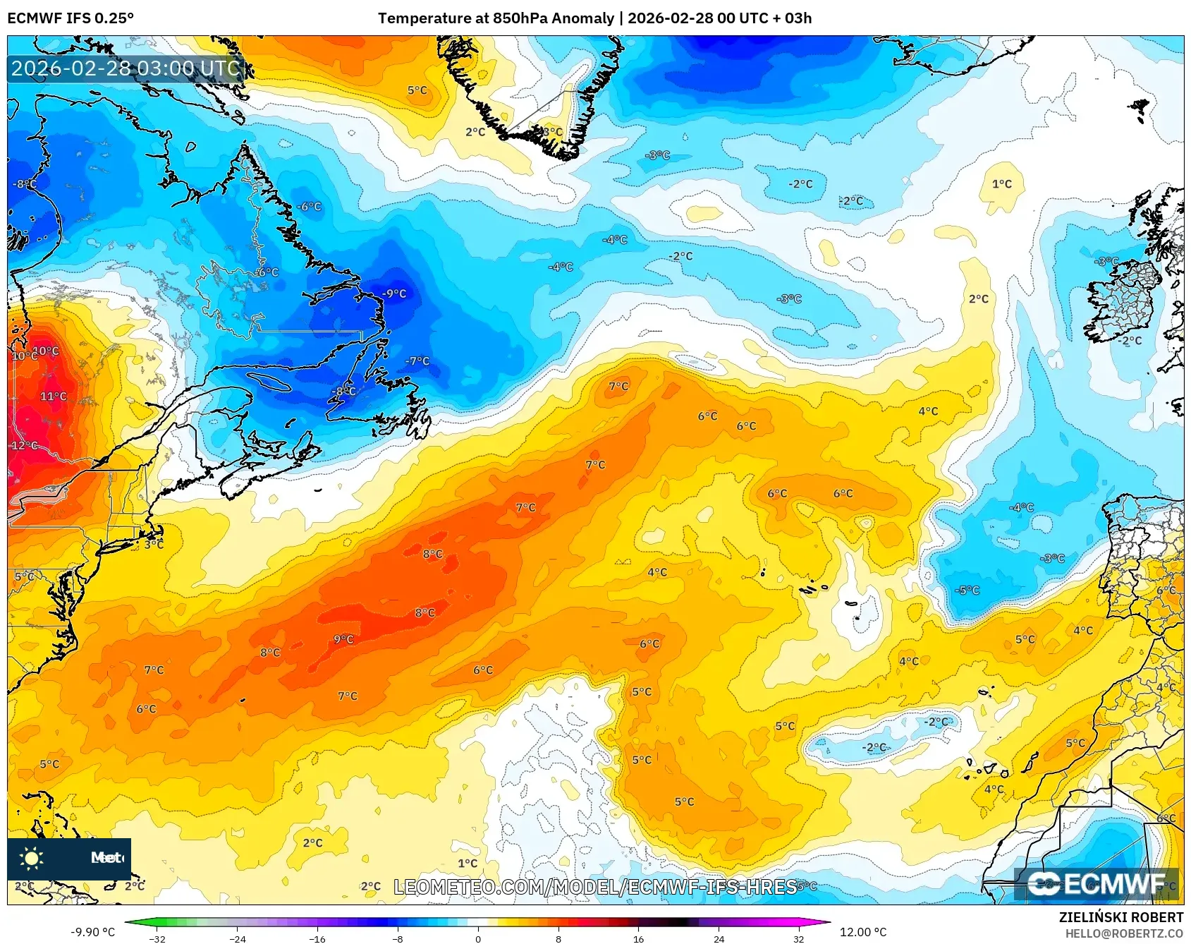 ECMWF IFS 0.25° model - North Atlantic, Temperature at 850hPa Anomaly