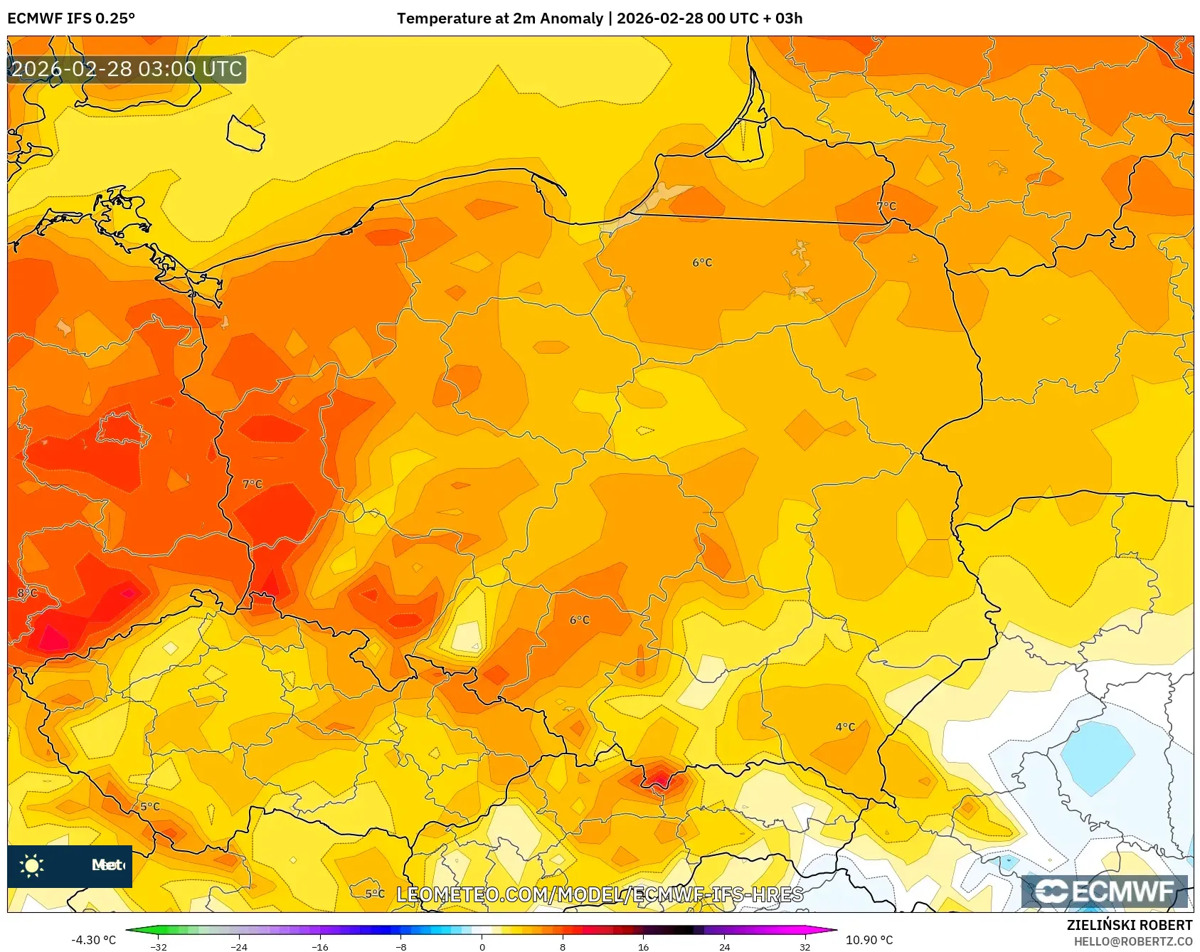 ECMWF IFS 0.25° model - Poland, Temperature at 2m Anomaly