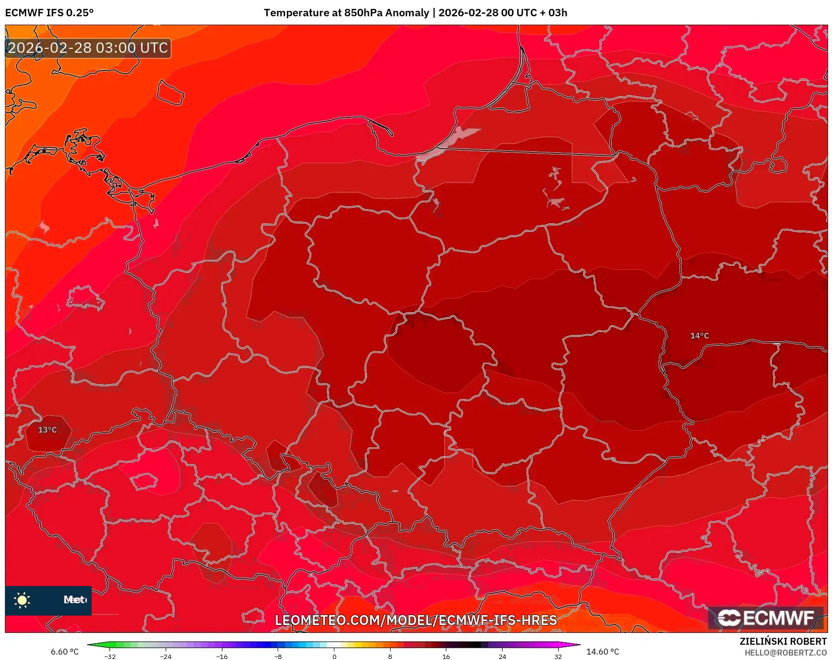ECMWF IFS 0.25° model - Poland, Temperature at 850hPa Anomaly