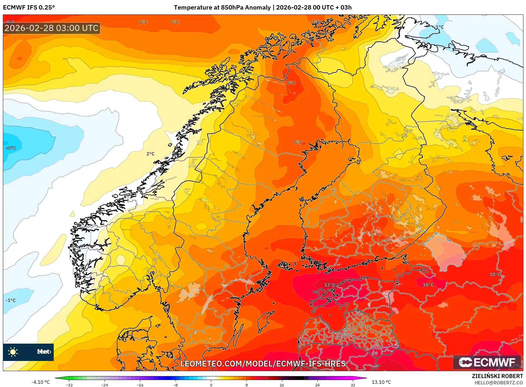 ECMWF IFS 0.25° model - Scandinavia, Temperature at 850hPa Anomaly