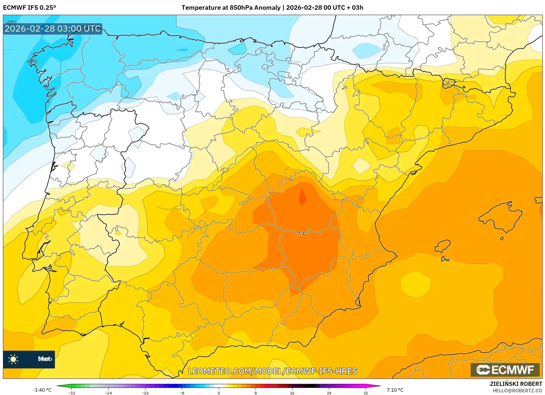 ECMWF IFS 0.25° model - Spain, Temperature at 850hPa Anomaly