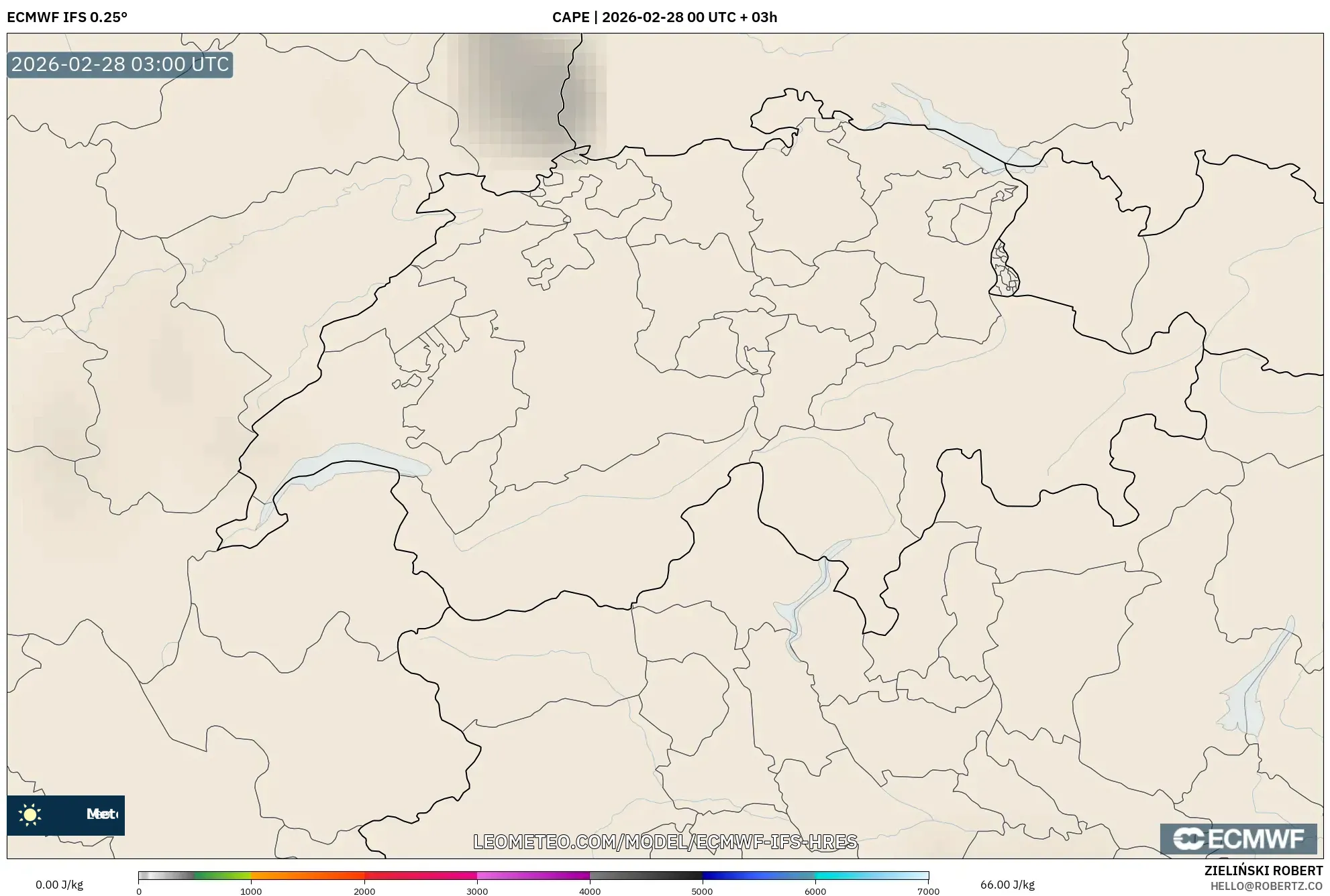 ECMWF IFS 0.25° model - Switzerland, CAPE