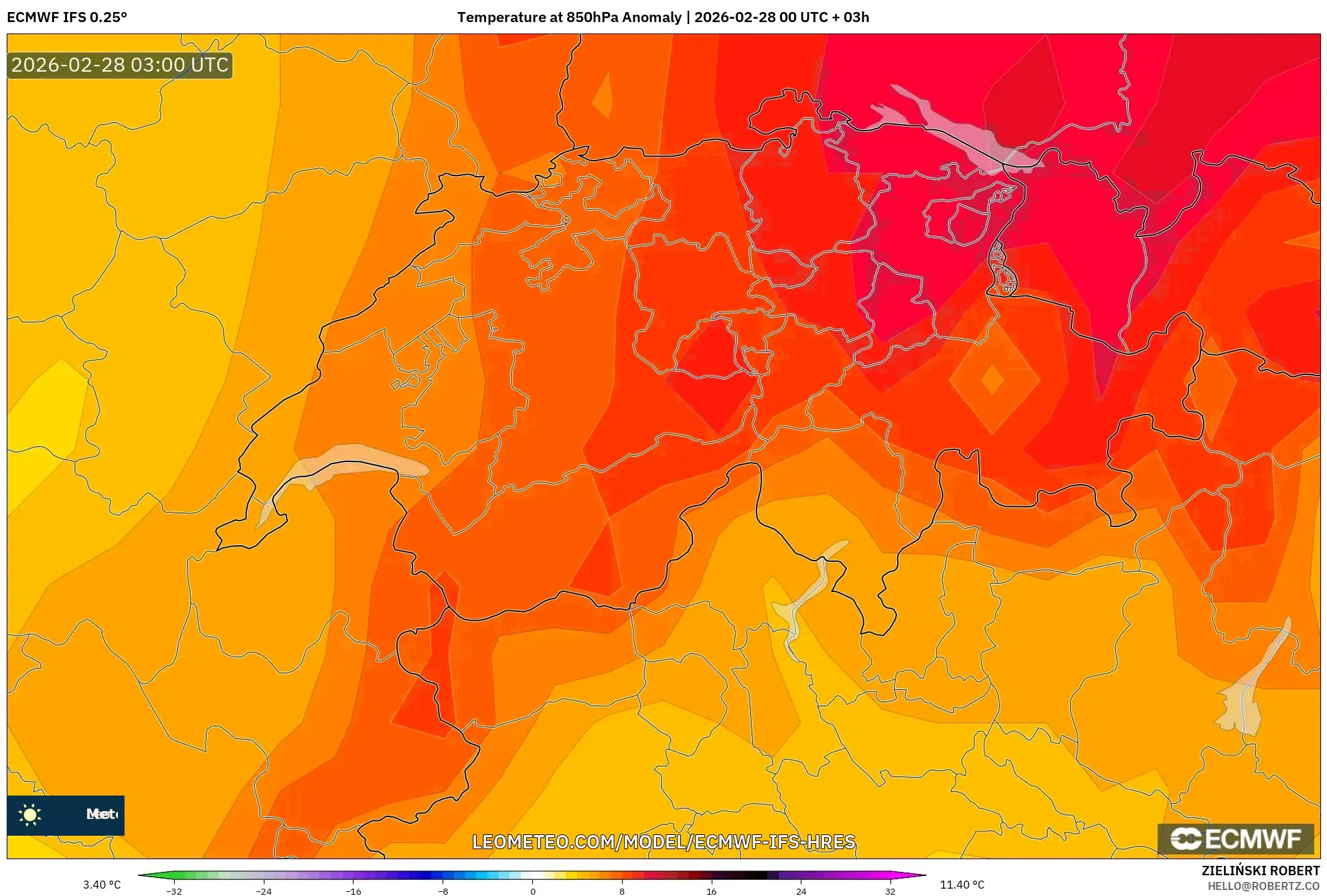 ECMWF IFS 0.25° model - Switzerland, Temperature at 850hPa Anomaly