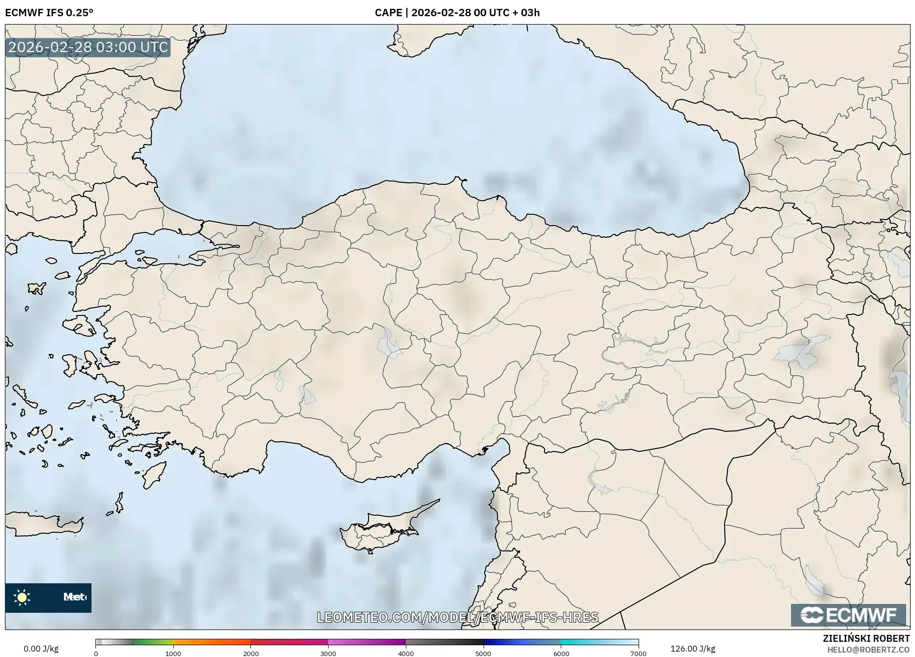 ECMWF IFS 0.25° model - Turkey, CAPE