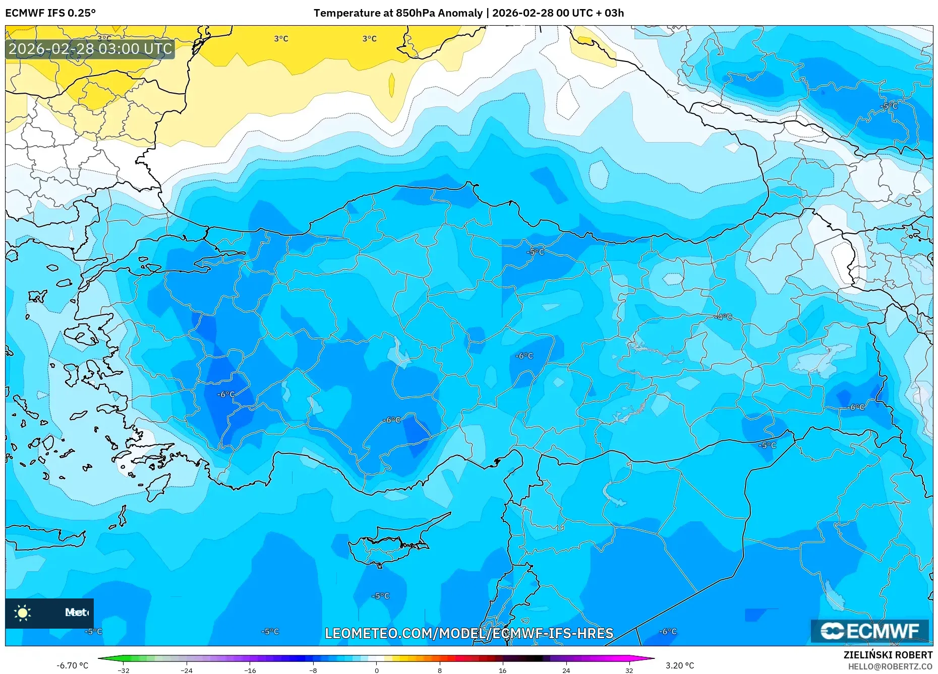 ECMWF IFS 0.25° model - Turkey, Temperature at 850hPa Anomaly