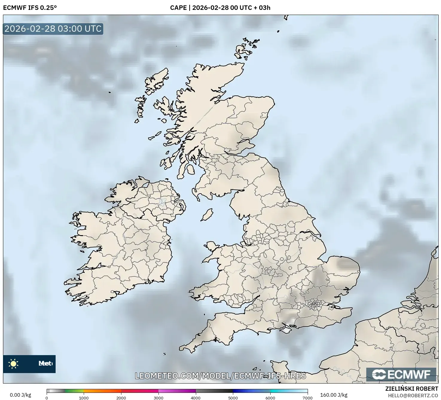 ECMWF IFS 0.25° model - United Kingdom, CAPE