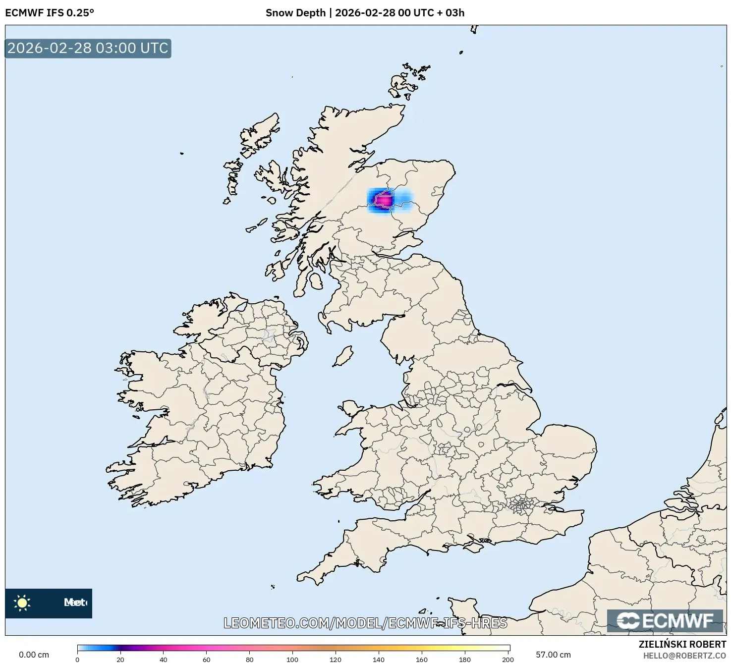 ECMWF IFS 0.25° model - United Kingdom, Snow Depth