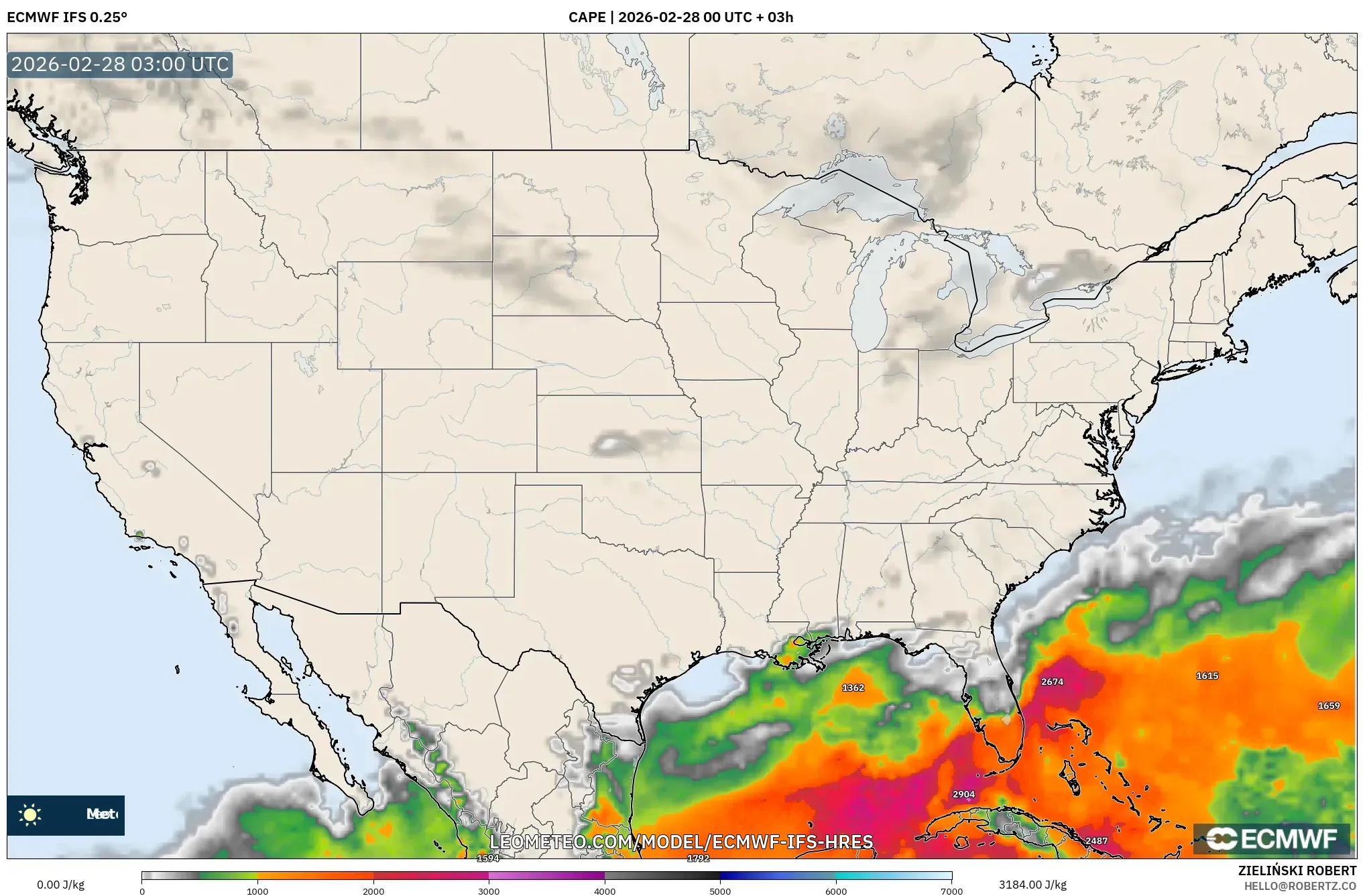 ECMWF IFS 0.25° model - United States, CAPE