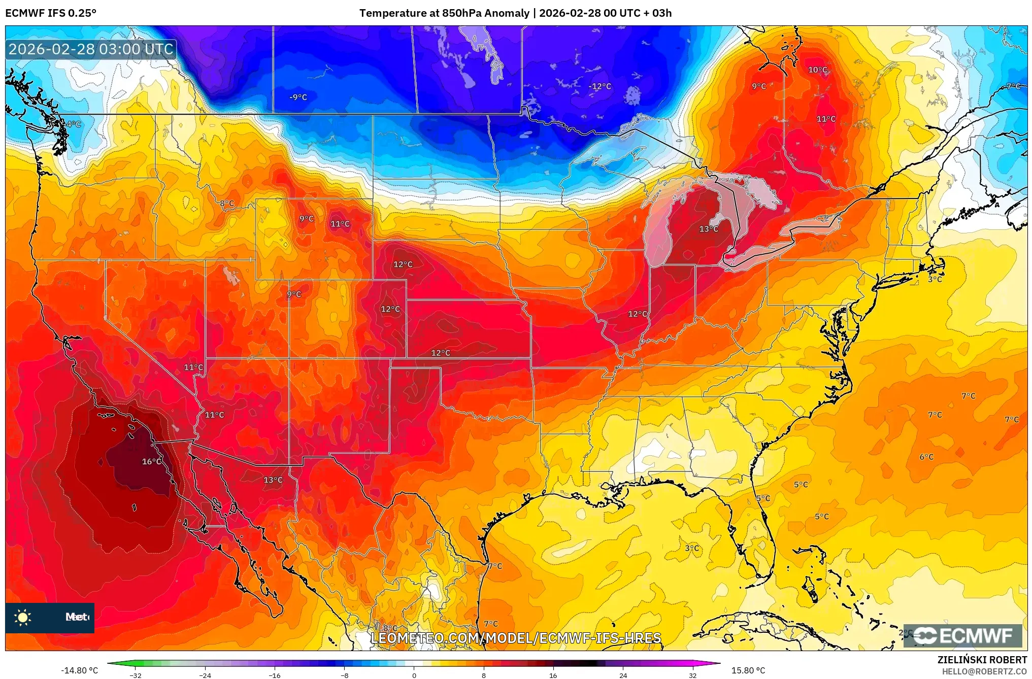 ECMWF IFS 0.25° model - United States, Temperature at 850hPa Anomaly